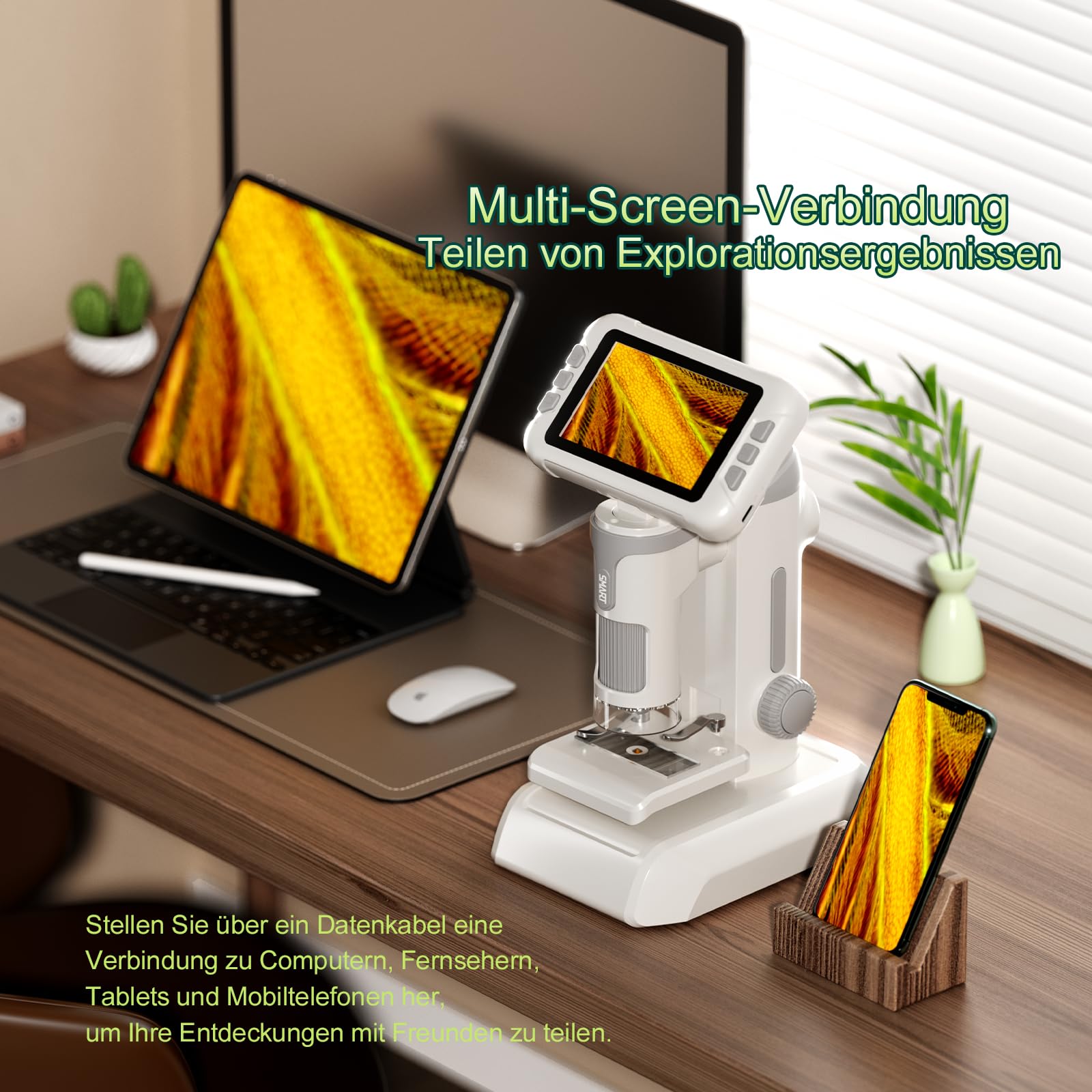 4,0" IPS Digital Mikroskop 1600X, 1080P Tragbares Handmikroskop mit Foto- und Videoaufzeichnung, 32 GB Karte, LED-Licht, Objektträgerproben, Wiederaufladbar USB-Mikroskop für Kinder/Erwachsene