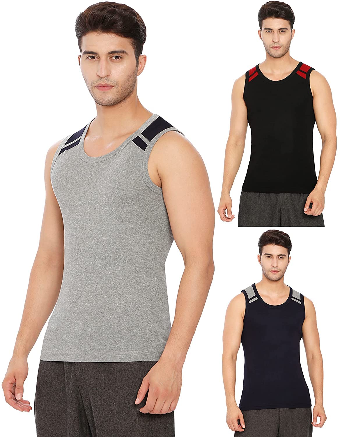 Men's Cotton Regular Fit Lux Xylo Round Neck Sleeveles Vest Pack of 3-image-5