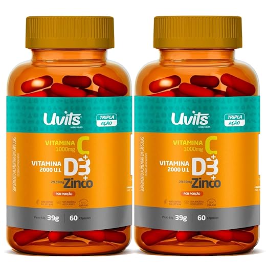 2x Vitamina C 1000mg + D3 2000UI + Zinco 29,59mg 60 Cáps - Total 120 Cáps
