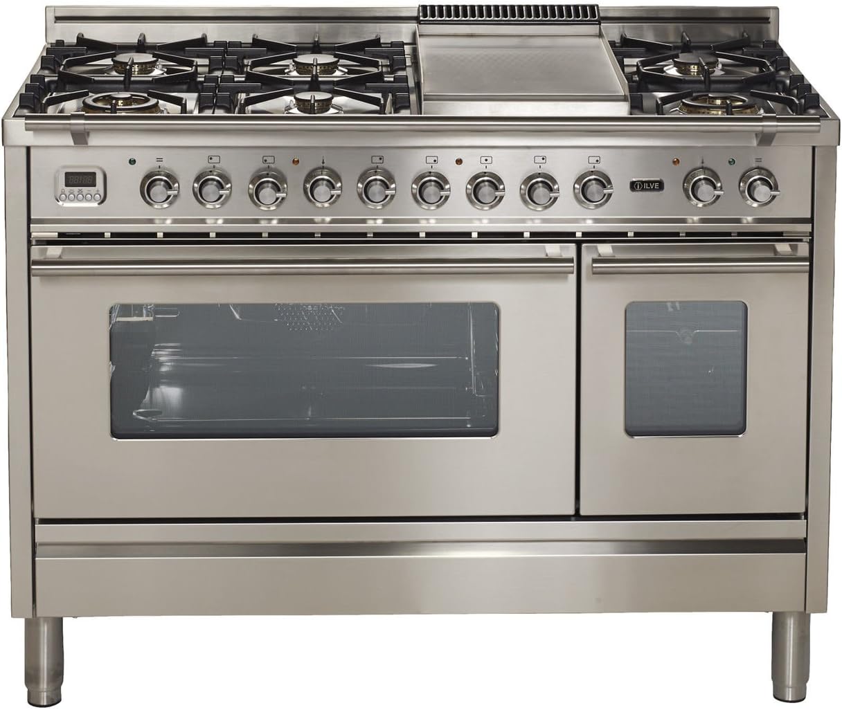Ilve UPW120FDMPI Pro Series 48 inch. Dual Fuel Double Oven Range 7 Burners Griddle Convection Storage Drawer Stainless Steel