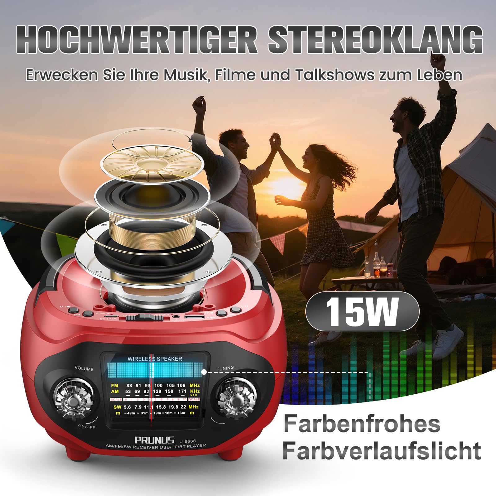 PRUNUS J-666 FM/AM/SW Retro Radio mit Bluetooth, Tragbares Radio mit 1800mAh Akku, Solar/USB-C Aufladbar, Küchenradio mit 15W-Lautsprecher, Satter Bass & Stereo-Sound, USB/TF/AUX Spielen.