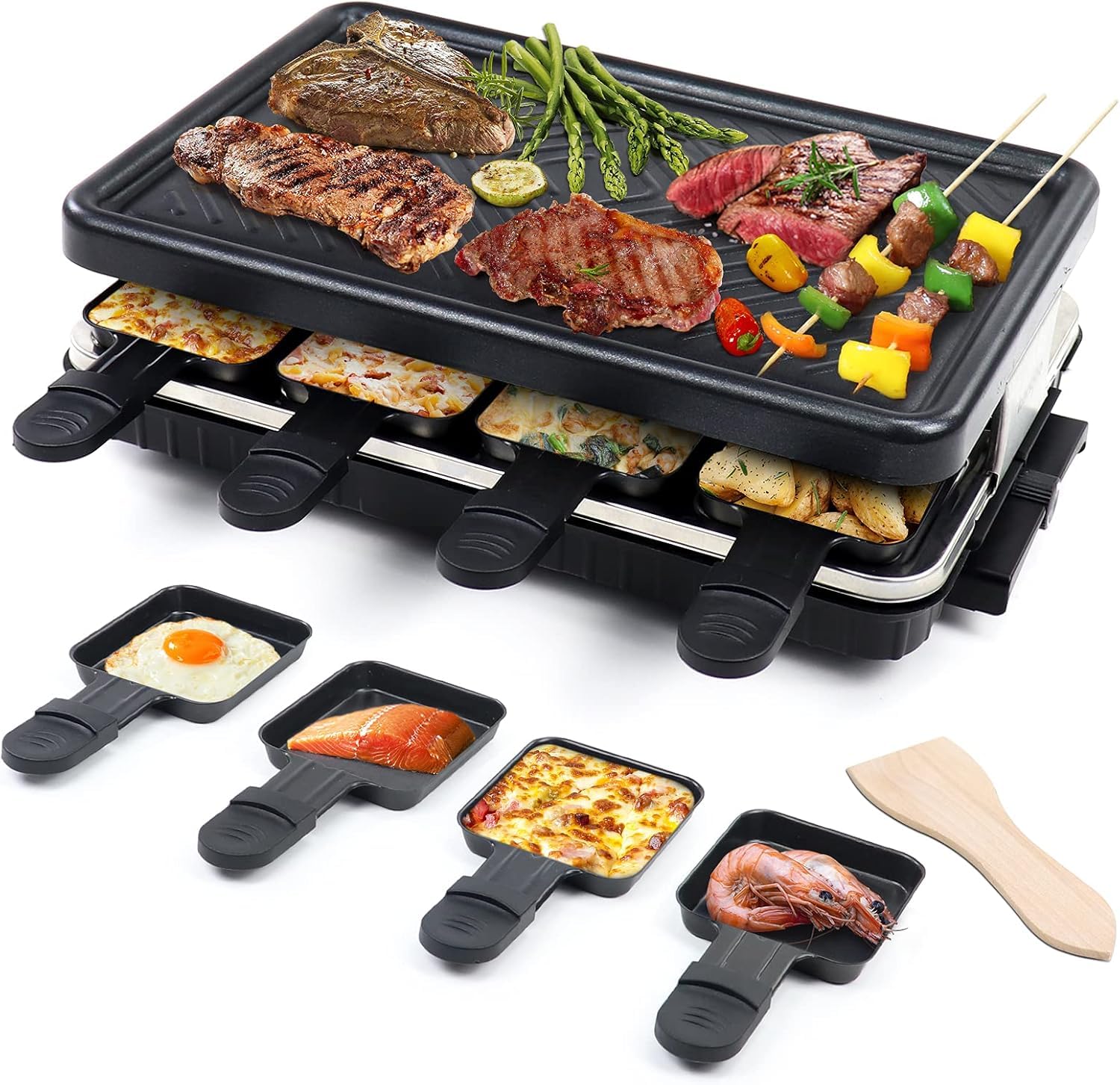 Máquina de parrilla interior para 8 personas 8 mini sartenes antiadherentes para raclette platos de queso cocina fiesta cocina cocina salud parrilla eléctrica sin humo 1 sartén para bistec 4 espátula