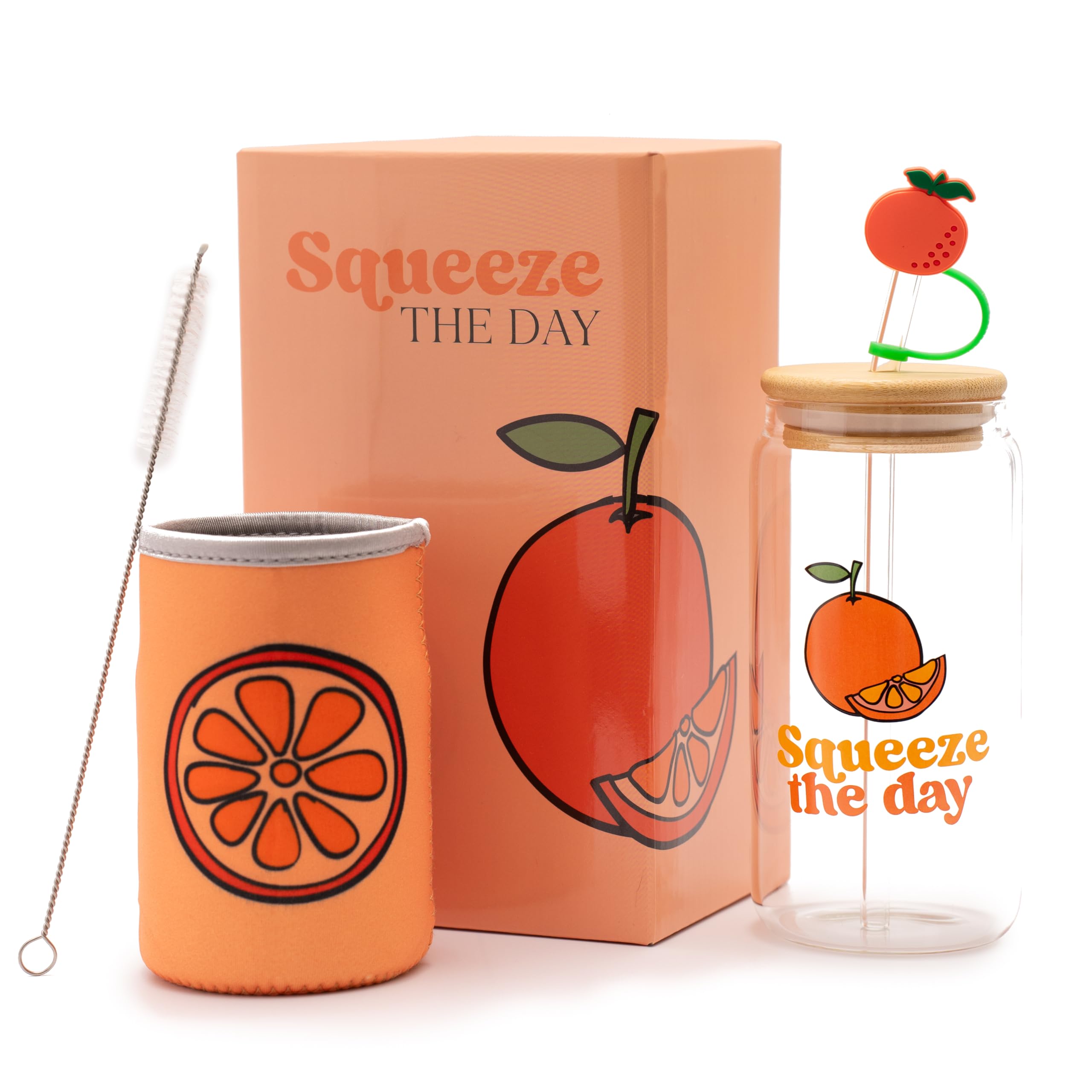 The Love Crate Co. Orange Gifts for Women - Glass Tumbler with Lid and Straw, Customized Straw Stopper and Cup Sleeve. Aesthetic Unique Design Iced Coffee Gift Cup for Mom, Teacher, Friend