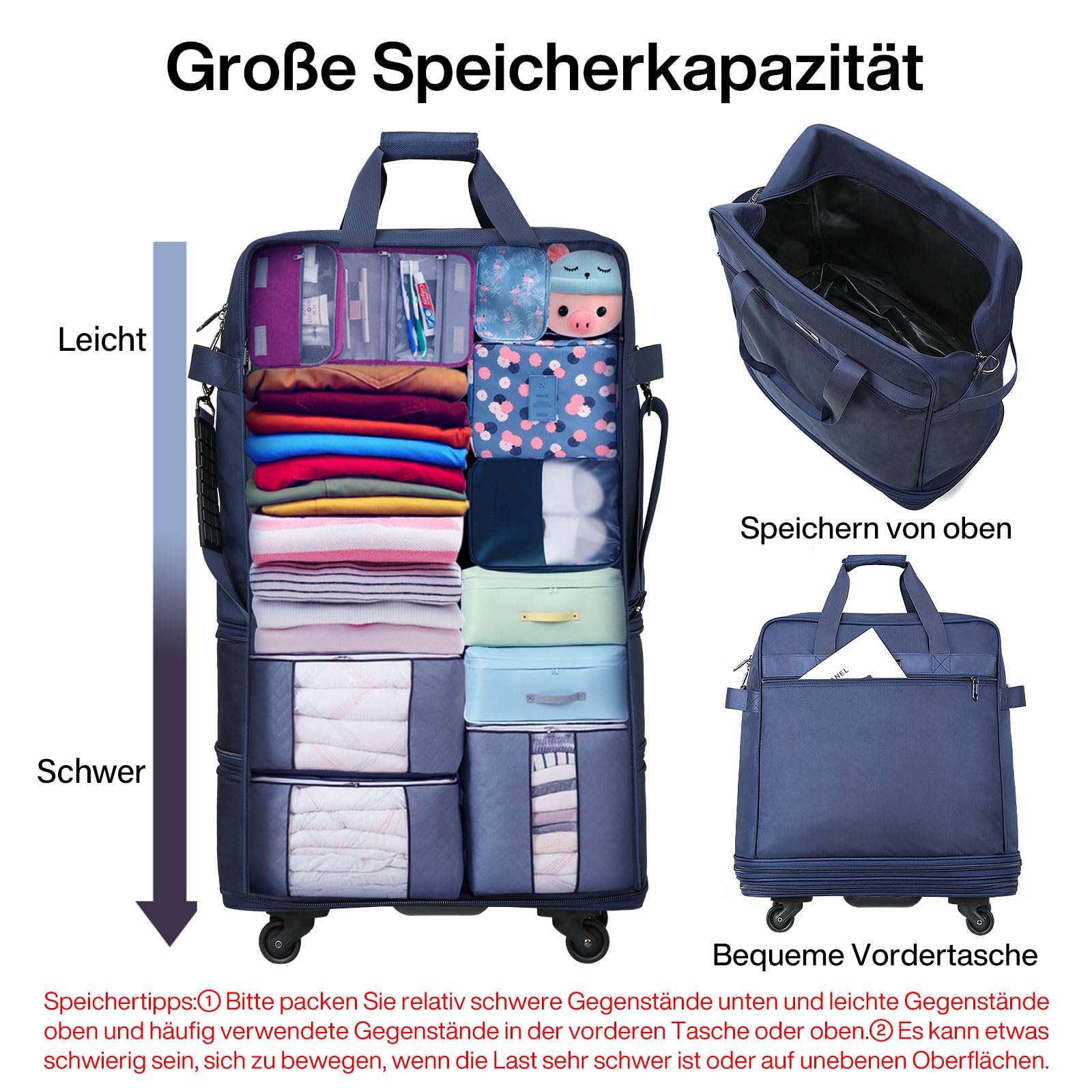 Hanke Faltbarer Reiseduffel mit Rollen Leichter Expandierbarer Reisekoffer im Platzsparenden Ohne Ausfahrbare Griffstange, Blau