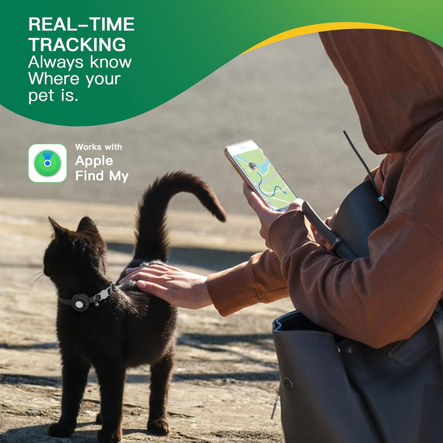 Cat Tracker Collar,No Monthly Fee Cat Tracker Works with Apple Find My App(Only iOS),GPS Tracker for Cats,Real-Time Location Pet Tracking|Safety Collar and Tracker Holder Included - Black
