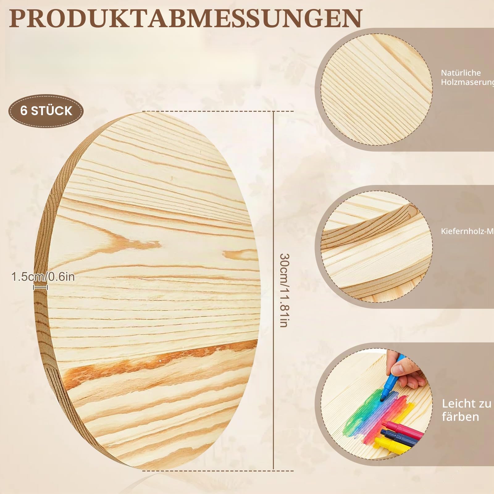 Runde Holzscheiben 30cm Unbehandelten Baumscheiben, Dick 15mm Natürliche Holzscheiben für Gravur, Malerei, DIY Bastelprojekte, Kreisschild aus Kiefernholz, Kiefernkreis Plakette Holzdeko