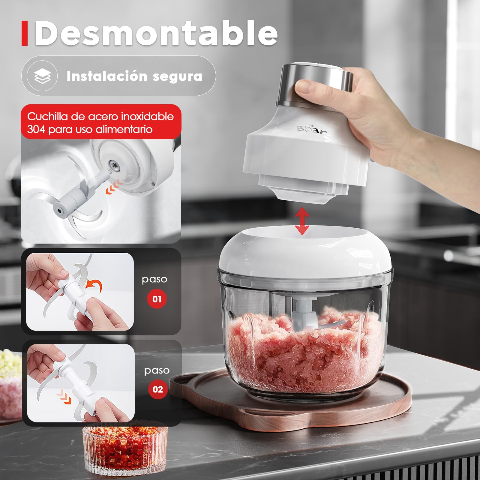 Bear 0.6l+2L Picadora de Alimentos,Clase de 2 Velocidades, Trituradora de Cocina Eléctrica, Trituradora de 300w, con 4 Cuchillas de Acero Inoxidable y Picadora de Carne