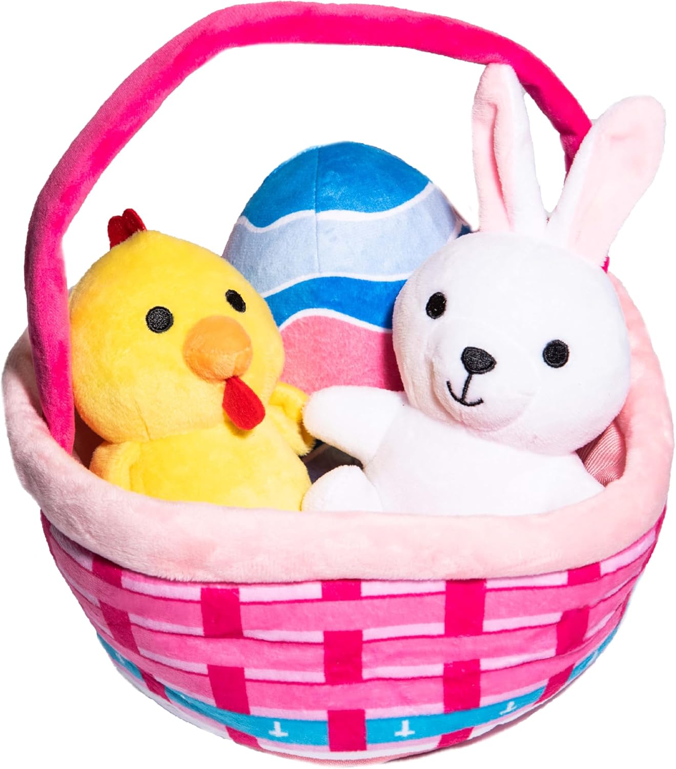 Glow Pups Plush Easter Basket Dog Toy Set, Soft Cuddly Plush Bunny, Chick, Egg, and Pink Basket with Handle, Crinkle Toy Puppy Toys for Holiday-Themed Play, 4 Pieces Set
