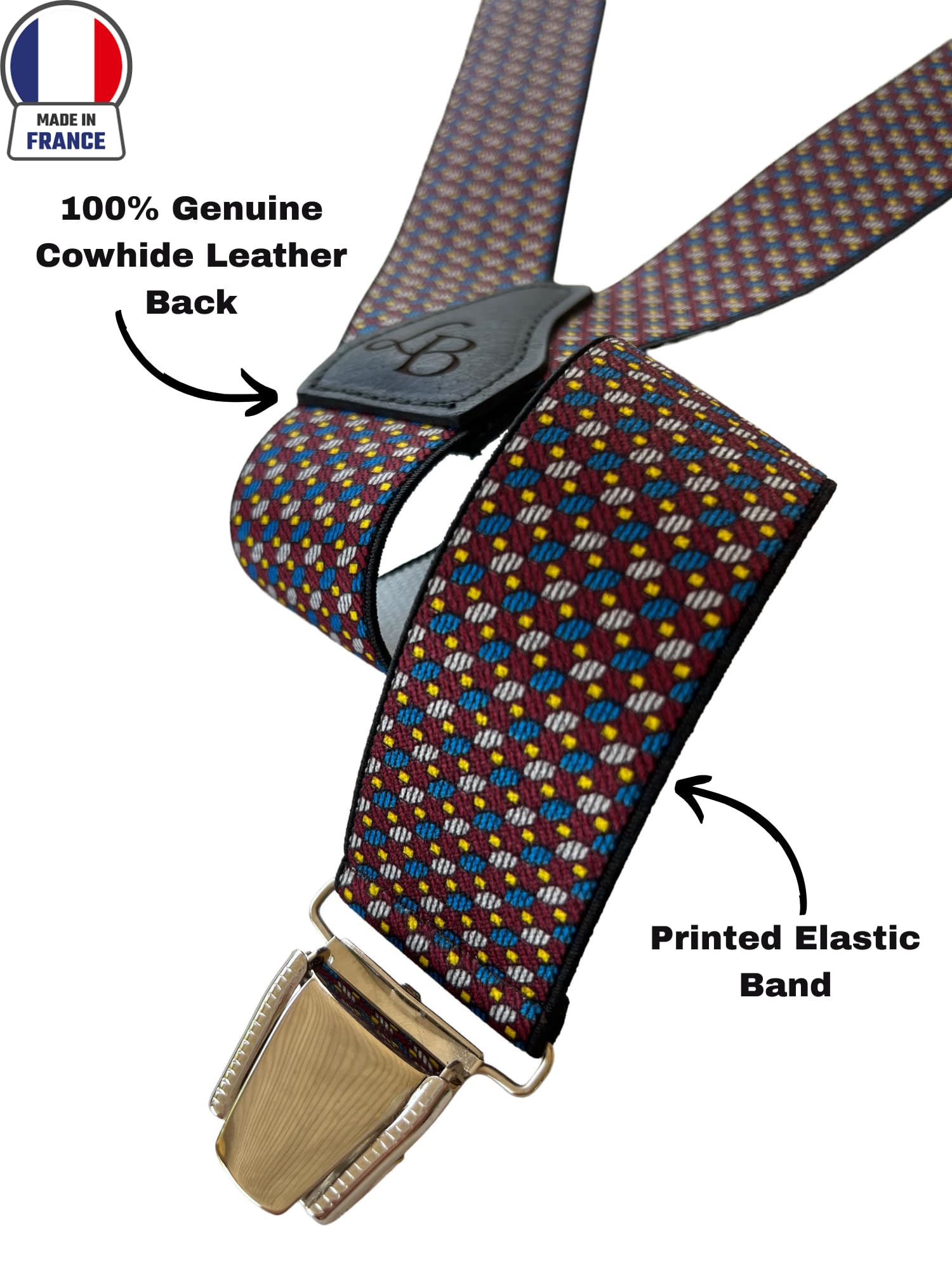 Tirantes para hombre anchos en Y Made in France – Correa de fantasía – Espalda 100% piel – Tejido resistente elástico – 3,5 cm x 120 cm – Pinzas fuertes para sujetar los pantalones