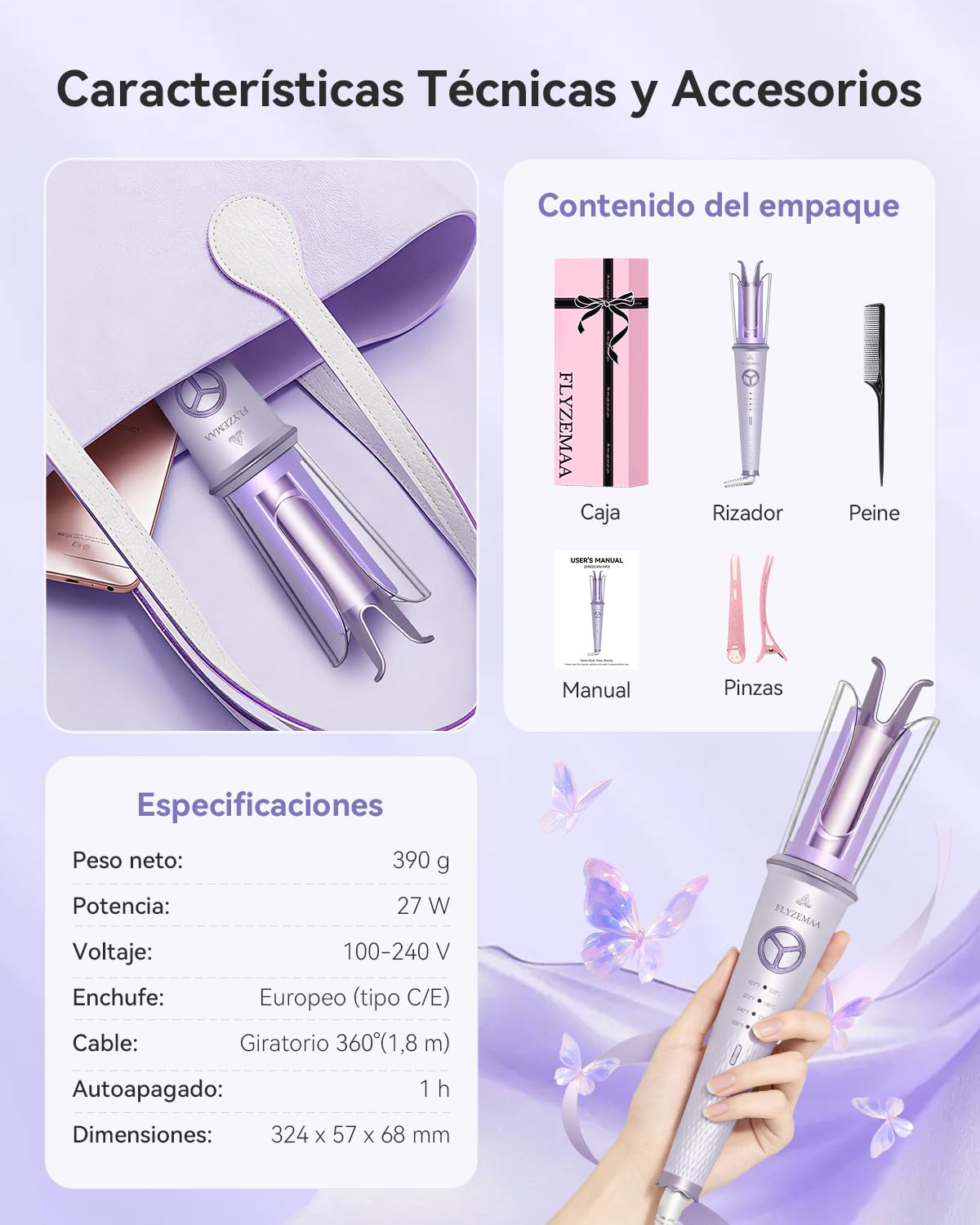 Rizador de Pelo Automático Cerámico de 25mm para Cabello Largo, 4 Temperaturas Ajustables, Protección Anti-Quemaduras, Calentamiento Rápido, Doble Voltaje Portátil