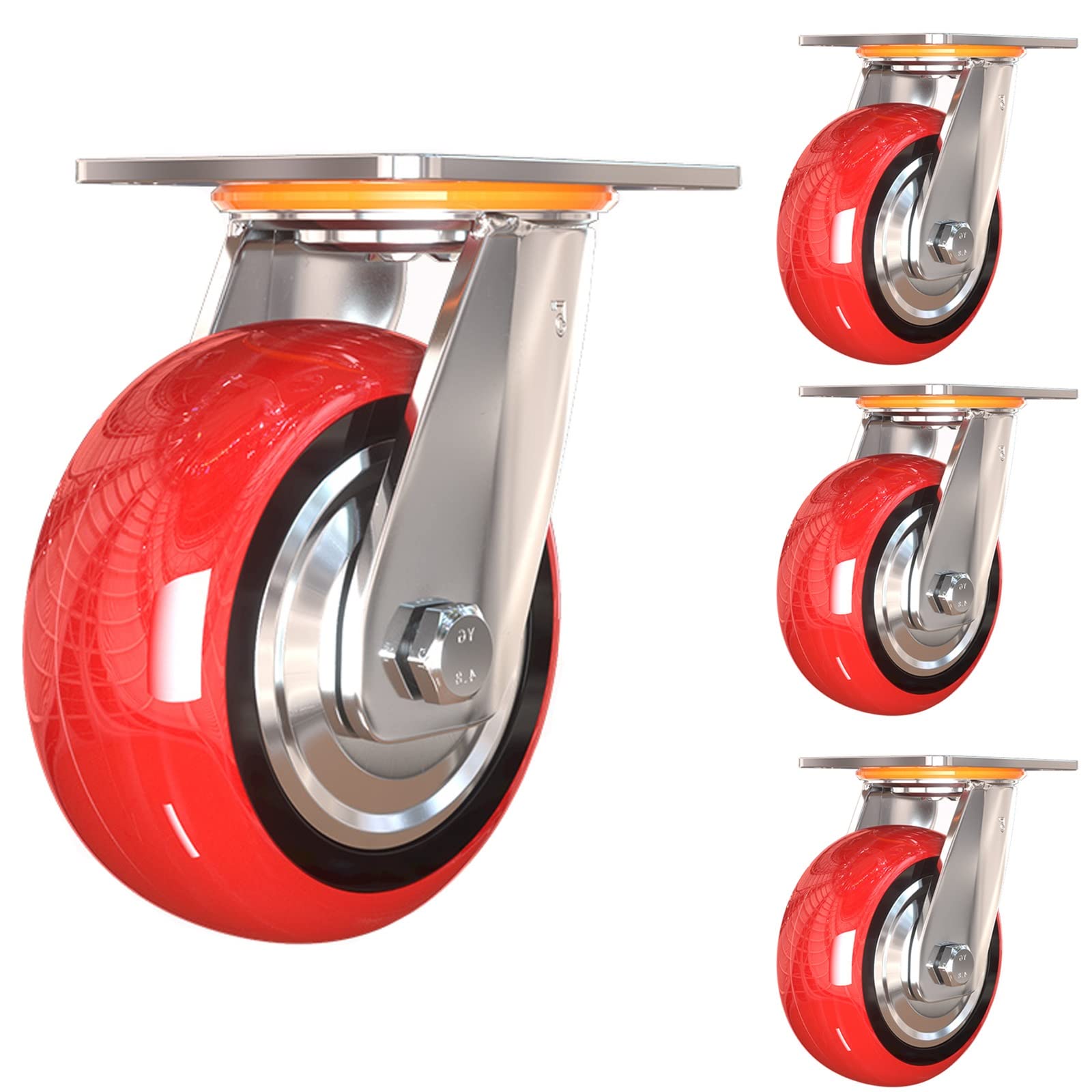 MXXQRHF Set of 4 Heavy Duty Industrial Caster Wheels Puncture Proof Swivel PU Castors with Brake Silent 4'' 5'' 6'' 8'' for Tool Carts Durable & Reliable Mobility Solutions
