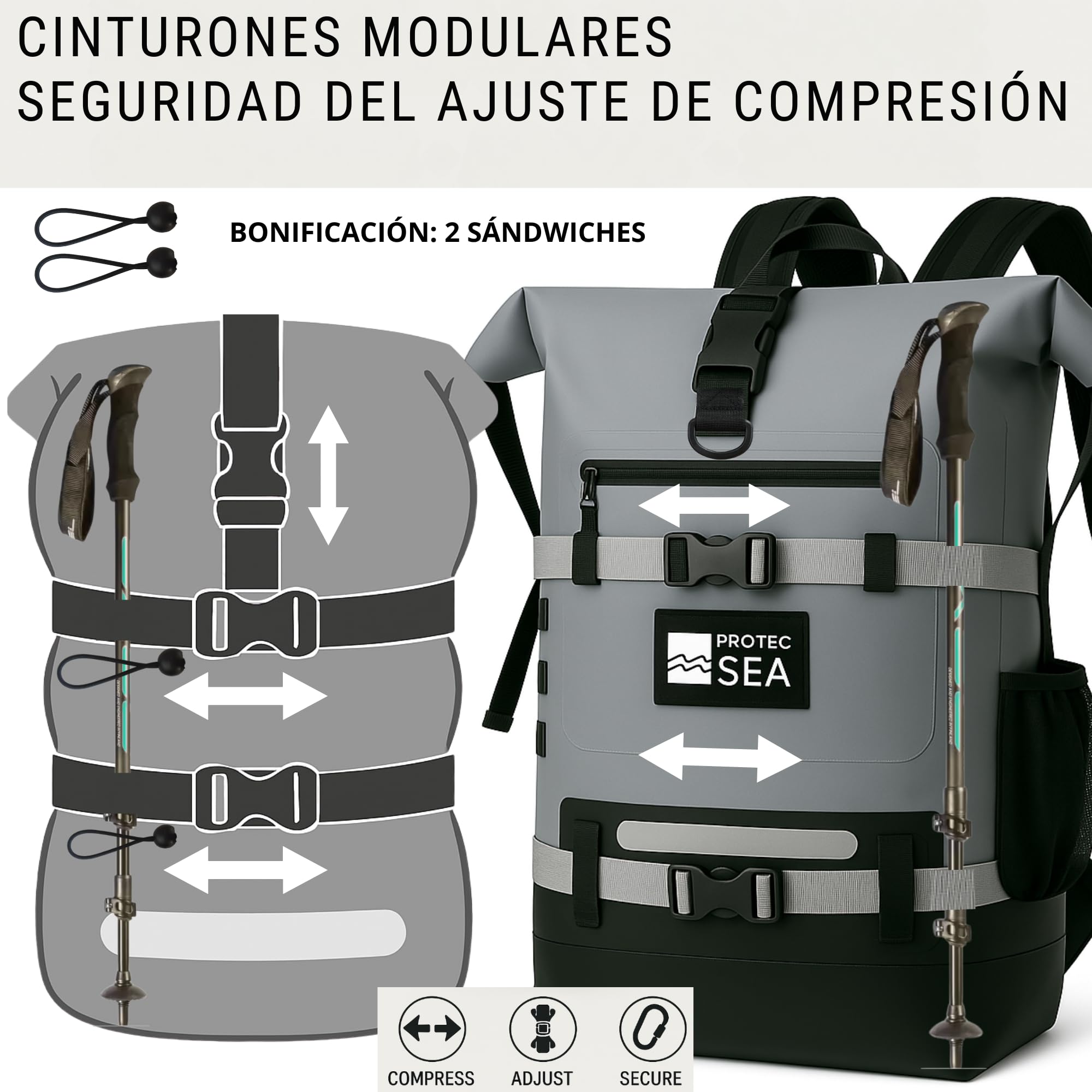 Mochila impermeable impermeable para senderismo, 25L-40L, volumen ajustable, cierre rápido, transporte cómodo, accesorios Molle, bolsillos impermeables, cinta reflectante, color gris