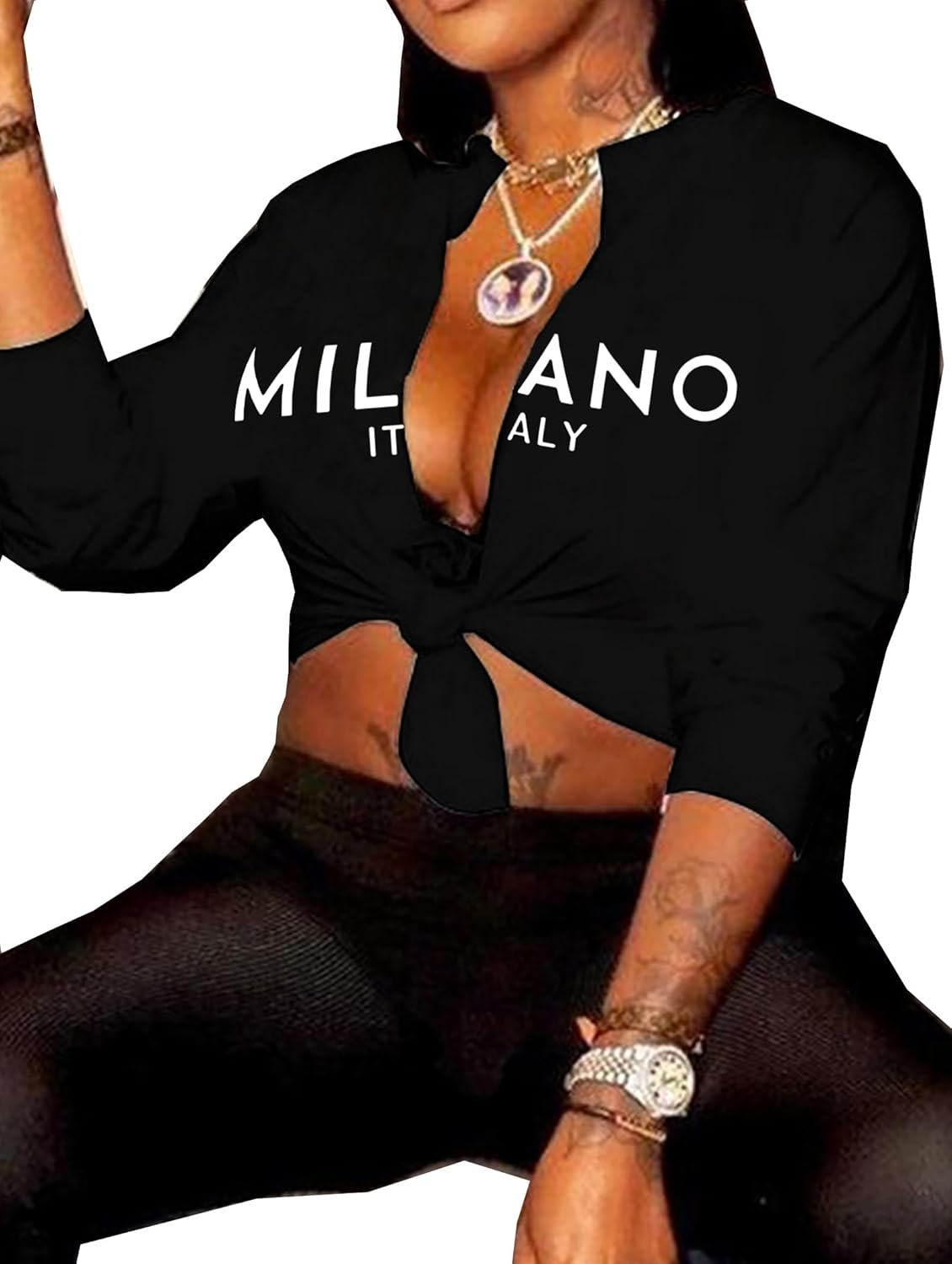 Zoyami Womens Sexy Tie Front Crop Top Long Sleeve Graphic Tee Shirt Clubwear - Image 2