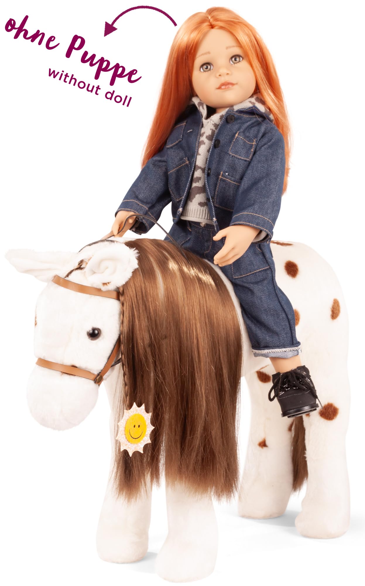 Götz 3403670 Dotty Kämmpferd mit Zaumzeug Haarspange Plüschpferd für Puppen | 3-tlg Pferd, Zubehör für Stehpuppen bis 50 cm, Mähne kämmbar, Zaumzeug, Höhe ca 50 cm, Stockmaß 37 cm, für Kinder ab 3 Jahren