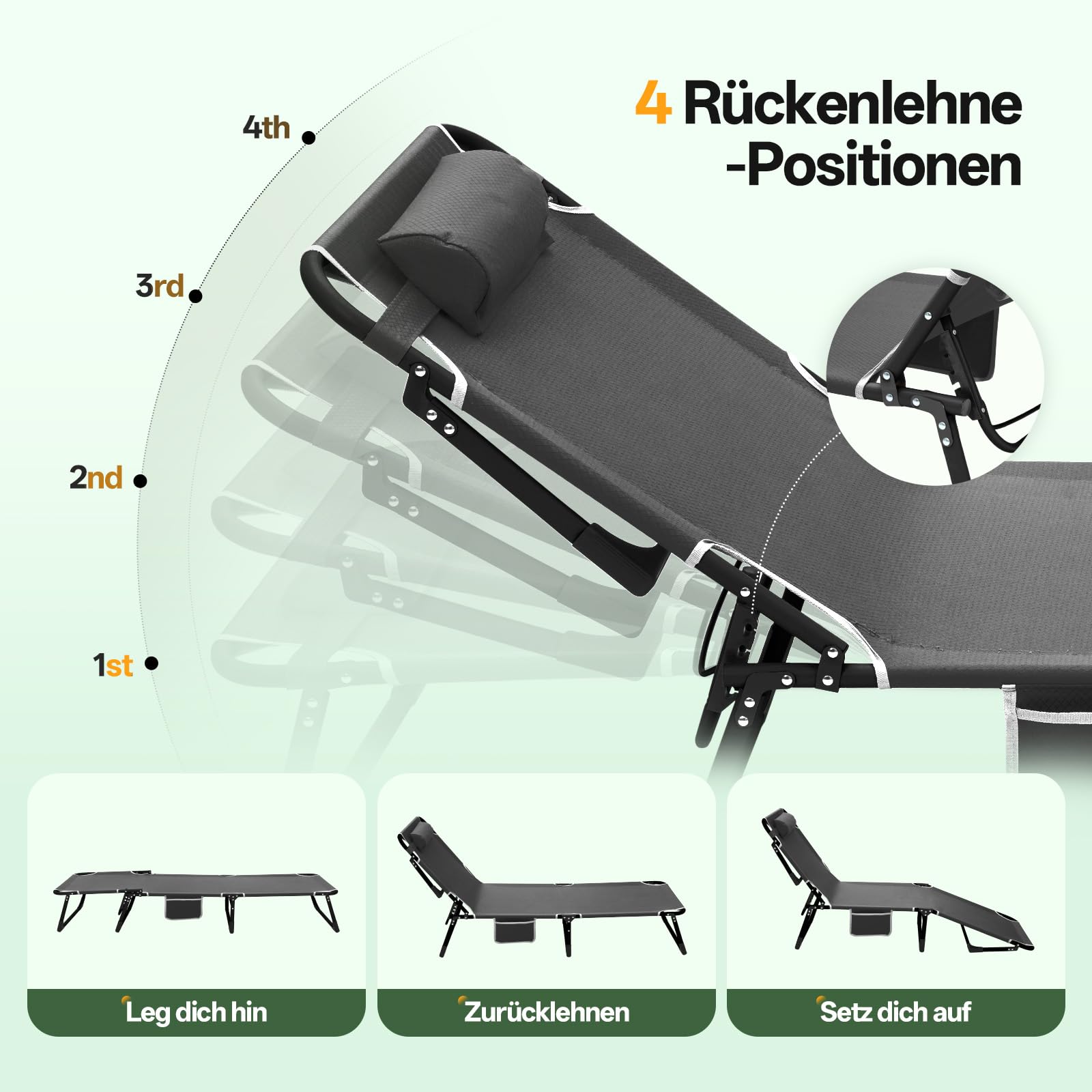 Warmiehomy Übergroße Campingbett, Sonnenliege mit Matratze & Kissen bis 200 kg, 4-Fach verstellbare Rückenlehne, Klappbares Bett, Angelstuhl, Campingbett für Garten, Strand, Sonnenbaden, Reisen, Blau