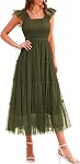 PRETTYGARDEN Robe d'été Midi Tulle pour femmes Sans manches Smocked Square Neck Ruffle Flowy Party Wedding Guest Sundress