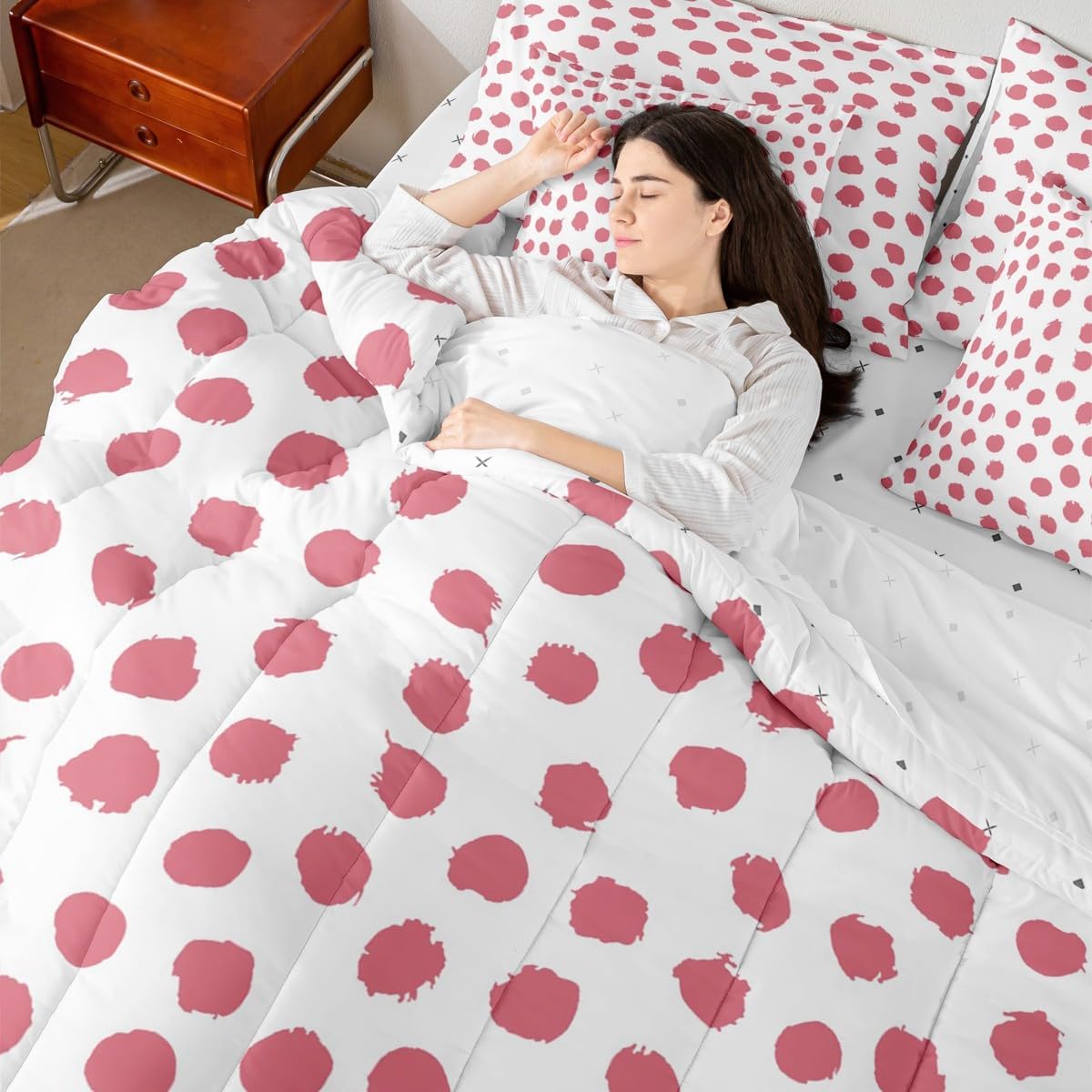 Girls Polka Dots Bed in A Bag 7 Pcs Twin Size Pink Dreamy Sheet Set for Women Brush Stroke Bohemian Rustic White Comforter Set Lightweight Bed Set