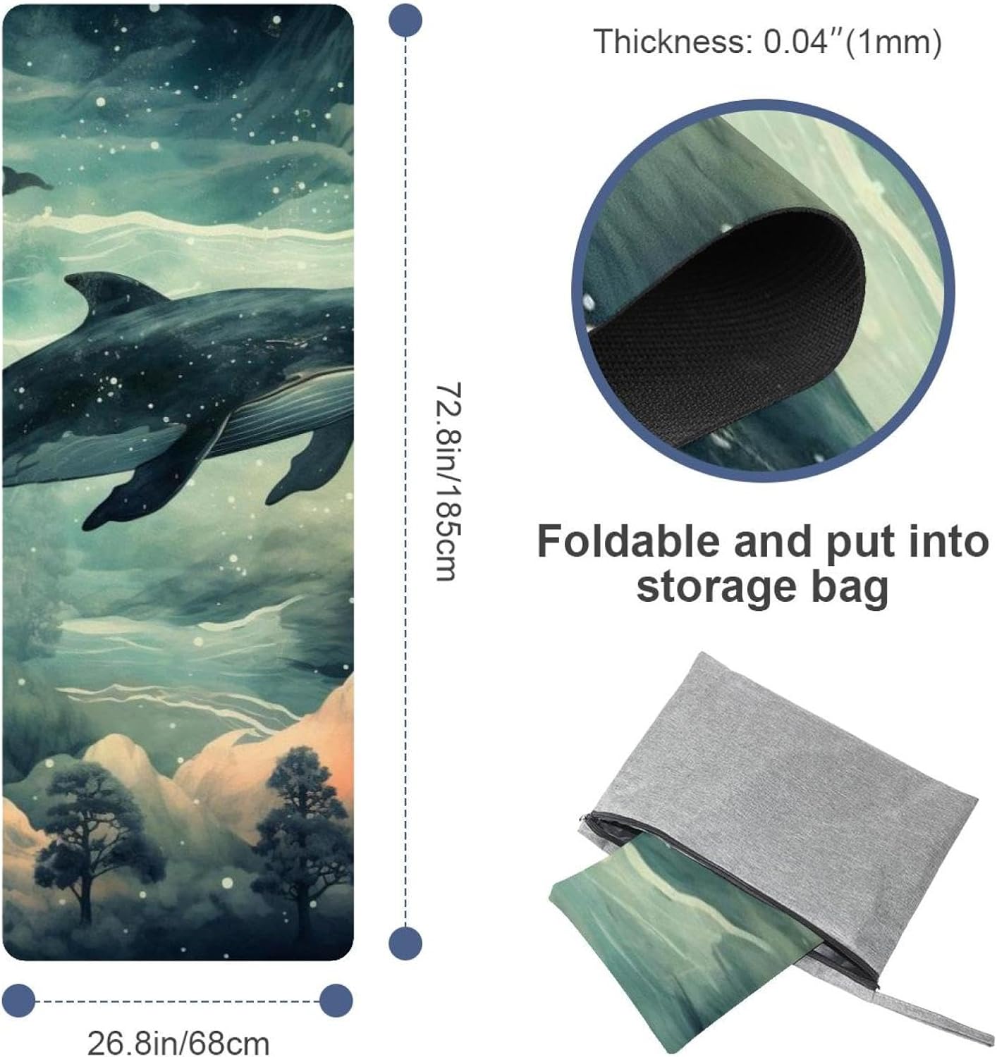 Yoga Towel, Whale Sea Pattern Non Slip Sweat Absorbent Hot Yoga Mat Towel for Hot Yoga, Pilates and Fitness - 72.8" x 26.8"