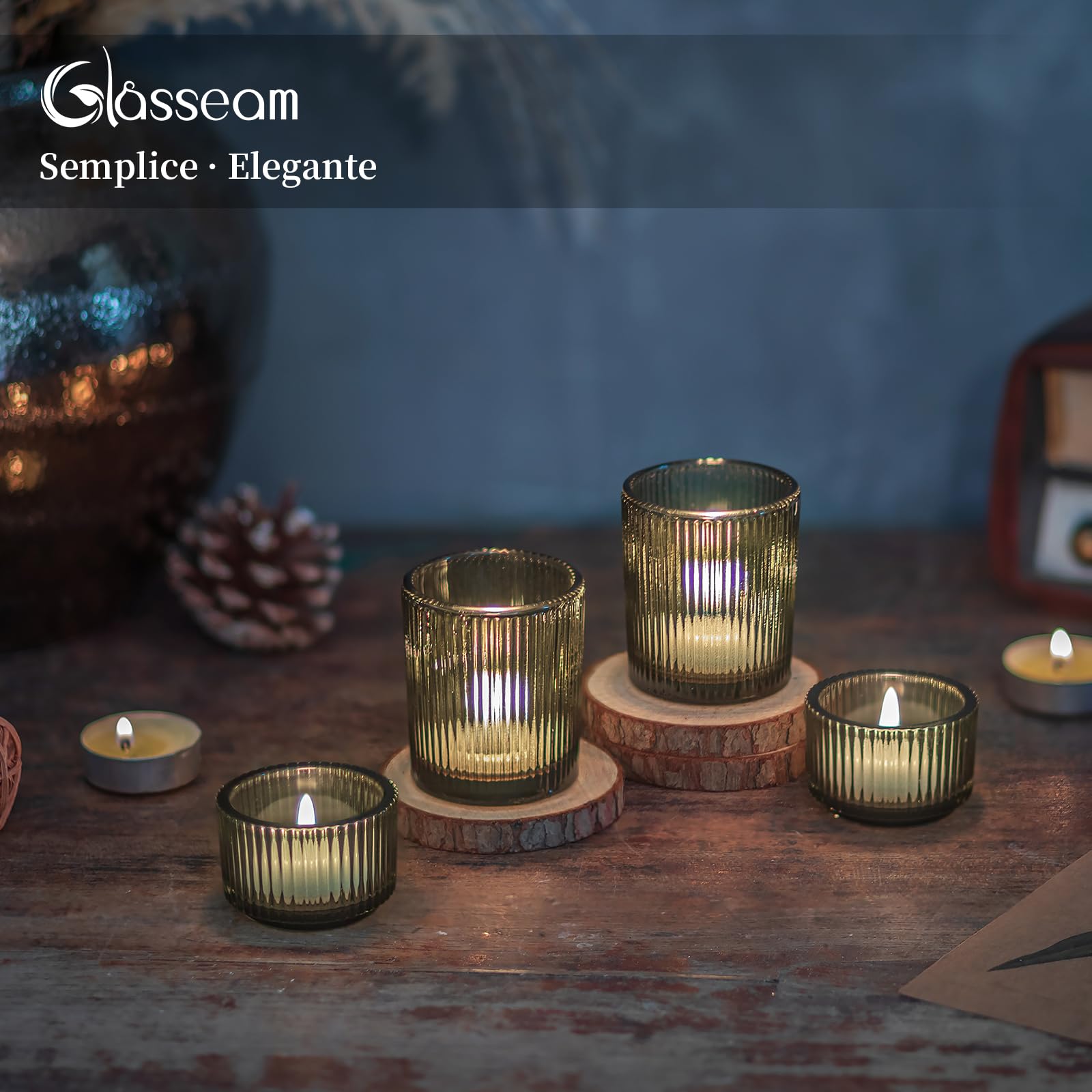 Glasseam Portacandele In Vetro Verde: Set Di 24 Portacandele Per Tealight, Portacandeles A Coste Per Centrotavola, Piccoli Portacandeles Per Natale, Matrimoni, Feste, Decorazioni Per La Casa