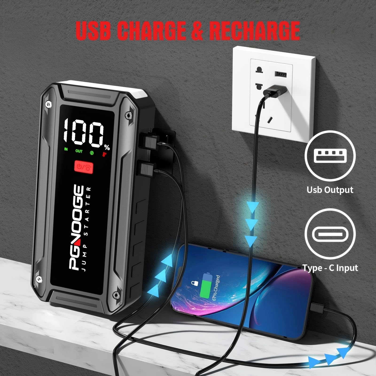 26800 mAh 6000 A Urządzenia Rozruchowe Wspomagające Akumulatory Samochodowe (do ALL benziny / 10 l oleju napędowego), Uruchamiania z Mocą i Wyjściem USB, Duży Wyświetlacz LCD