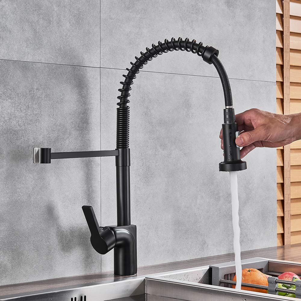 Rubinetto per lavello da Cucina per Bar, Stile Rustico, Commerciale, Nero/Spazzolato, Miscelatore Acqua Calda e Fredda a Montaggio su Piano con Estrazione a Molla, beccuccio a 2 Fu