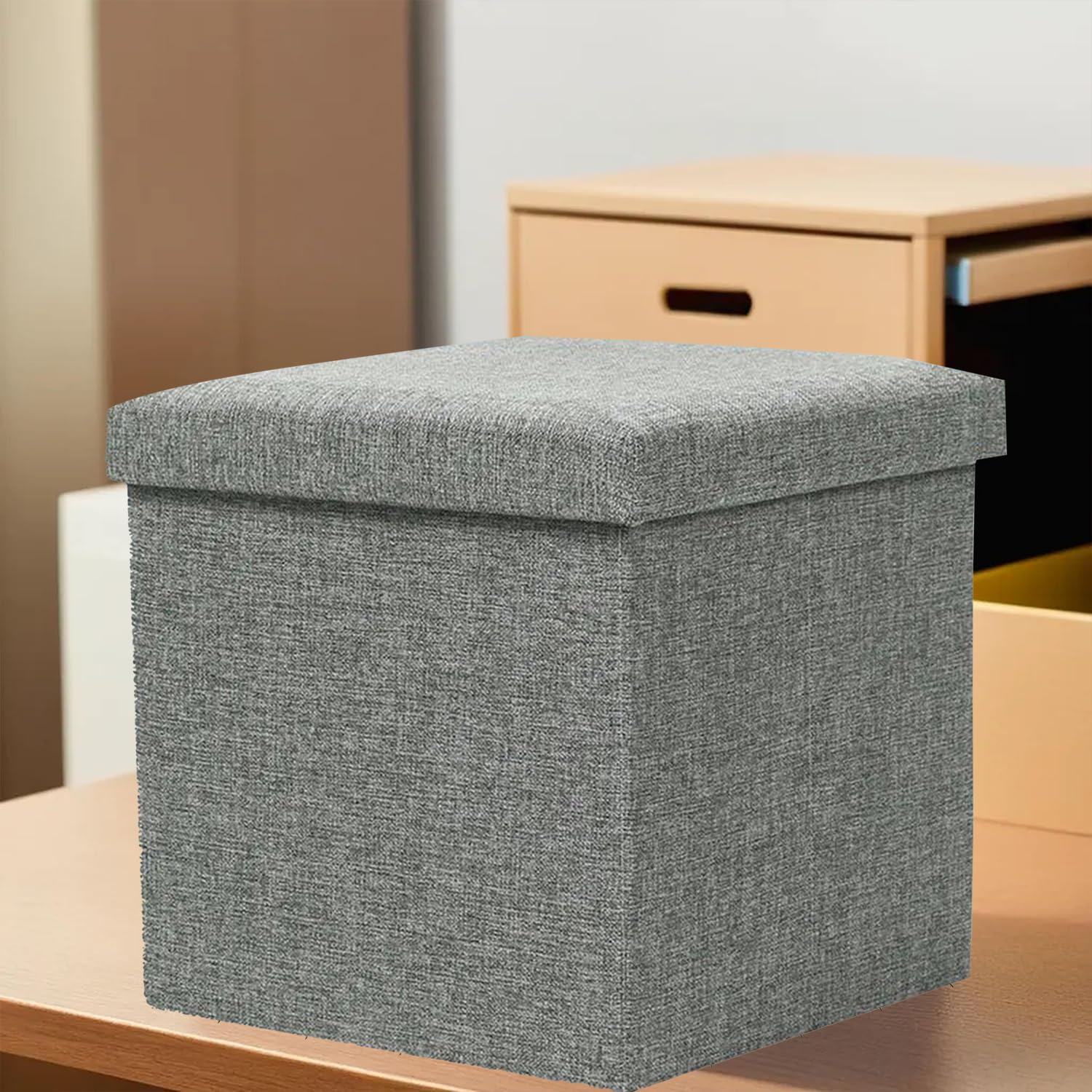 Kuber Industries MDF Wooden Storage Stool | Square Toy Storage Box | Foot Rest Stool | Folding Seating Stool | Wardrobe Organizer for Clothes-Books | Storage Box for Living Room | M ZH007GY | Gray-image-22