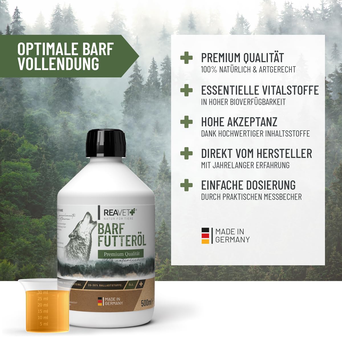 Revet, olio per mangimi professionale 05/24, 500 ml, per cani, 1. spremitura a freddo, olio per barf, olio per mangimi per cani, miscela di alta qualità e perfetta, additivo per cani, naturale e