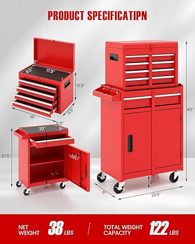 Miniatura 2 de ARNOT Caja de herramientas gruesa, baúl de almacenamiento de herramientas 2 en 1, armario de herramientas con parte superior desmontable y estante