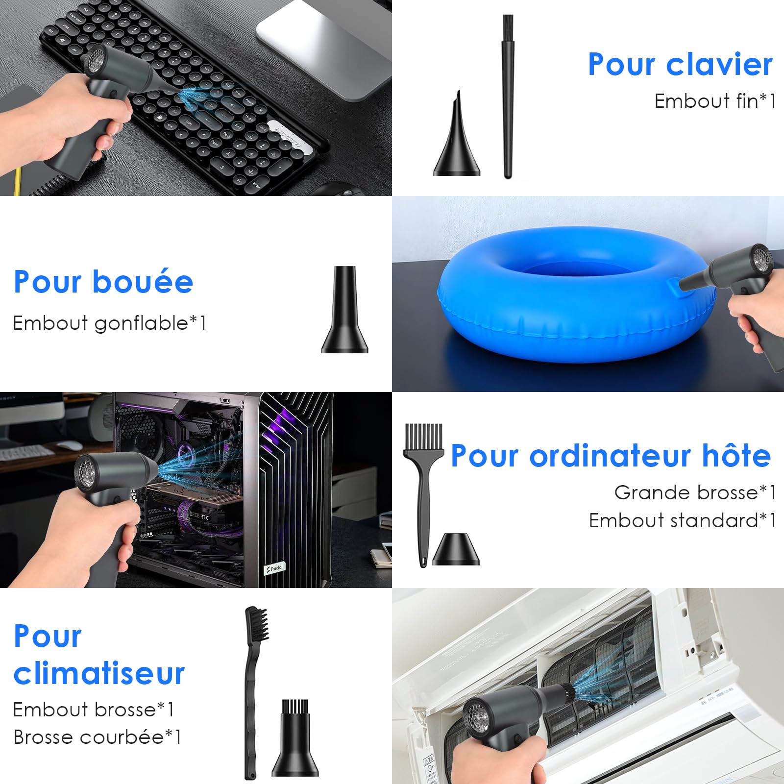 Souffleur Air Comprimé, Alliage d'aluminium 180000 TR/Min Souffleur PC Batterie 7800mAh, Ajustez à volonté Soufflette Air Comprimé, avec Kit de Brosses de Nettoyage, pour PC, claviers, voitures