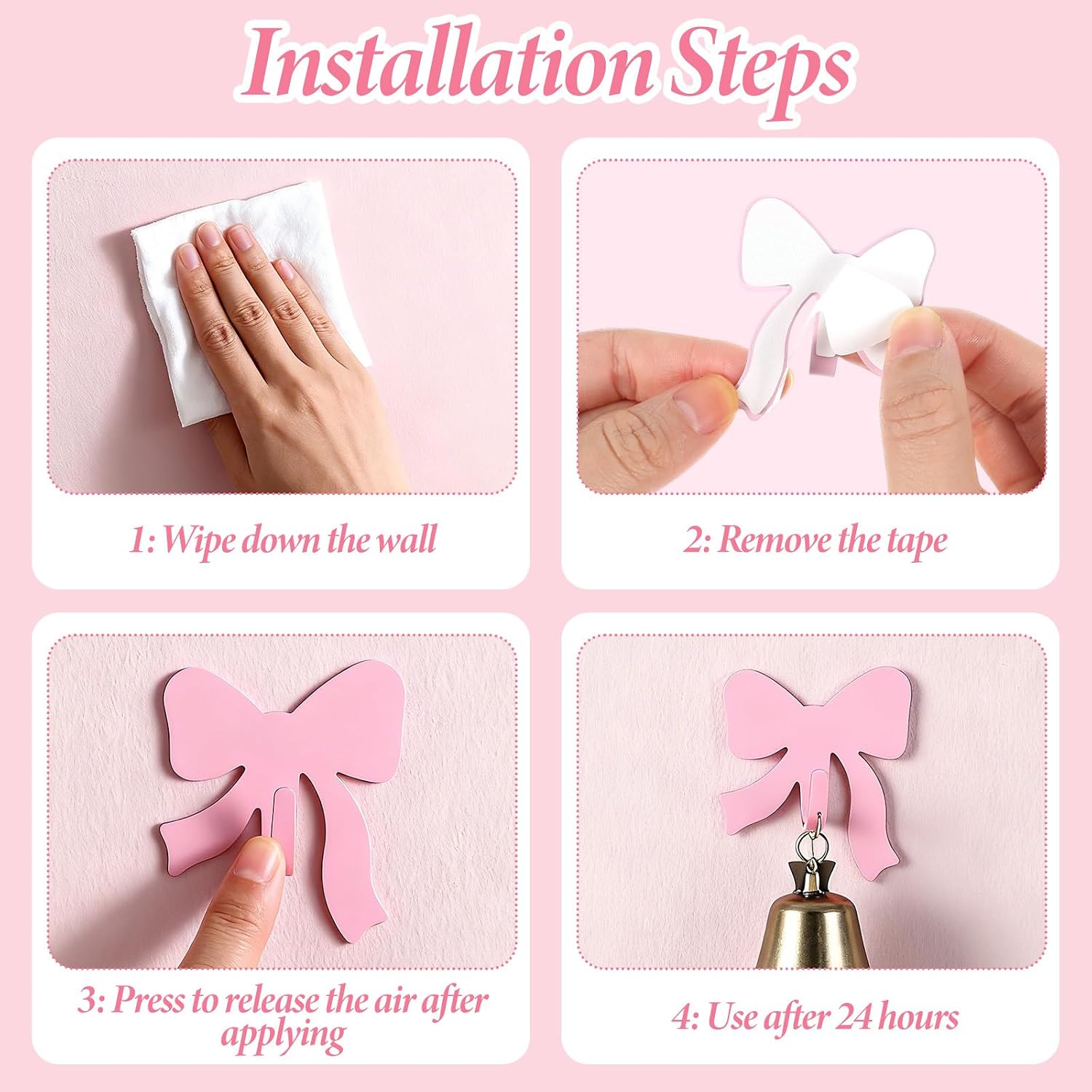 7 PCS Pink Bow Decor, Decorative Wall Hooks Metal Strong Adhesive Wall Door Hanger Coquette Room Decor, Cute Towel Coat Hooks Preppy Hanging Decoration for Girls Room Home Kitchen Bathroom Office