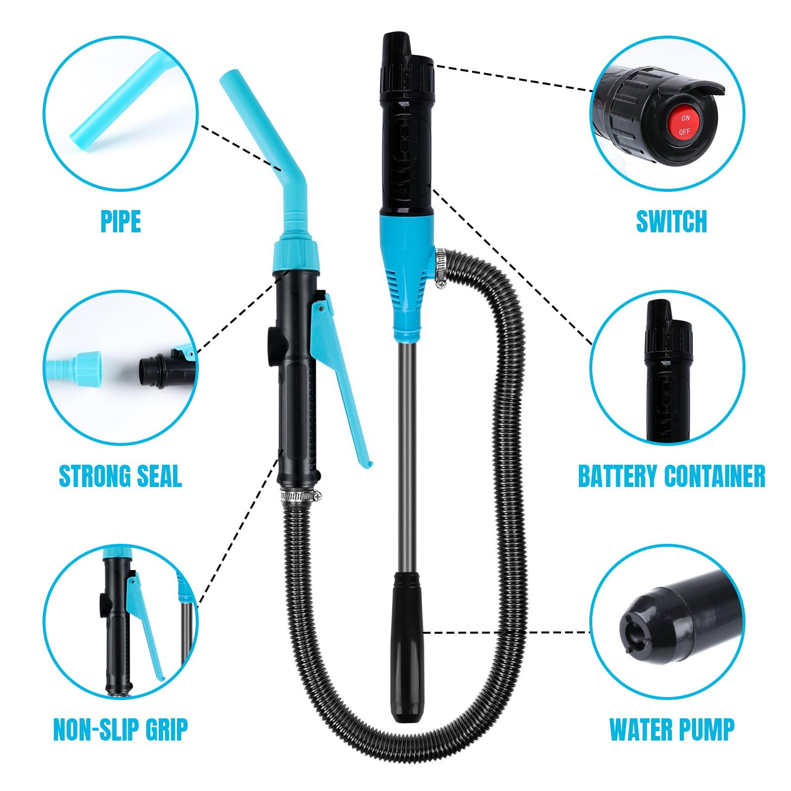 Pompa elettrica di trasferimento a batteria, 9 L/min (2.4 GPM) Pompa per carburante per benzina e diesel, Pompa a sifone portatile con tubo e regolazione del flusso, Pompa di trasferimento liquidi