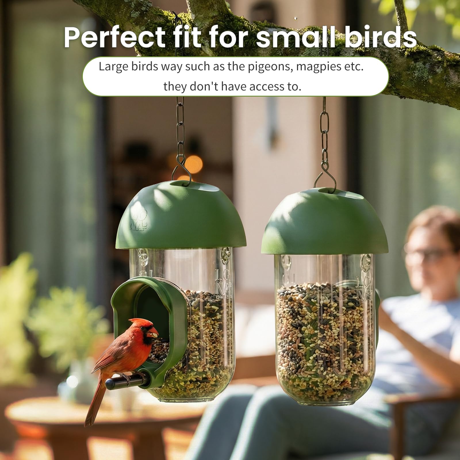 LONA - Comederos para pájaros para exteriores, paquete de 2, alimentador de pájaros a prueba de ardillas con múltiples métodos de colgar, silo de alimentación de pájaros silvestres para exteriores, 1