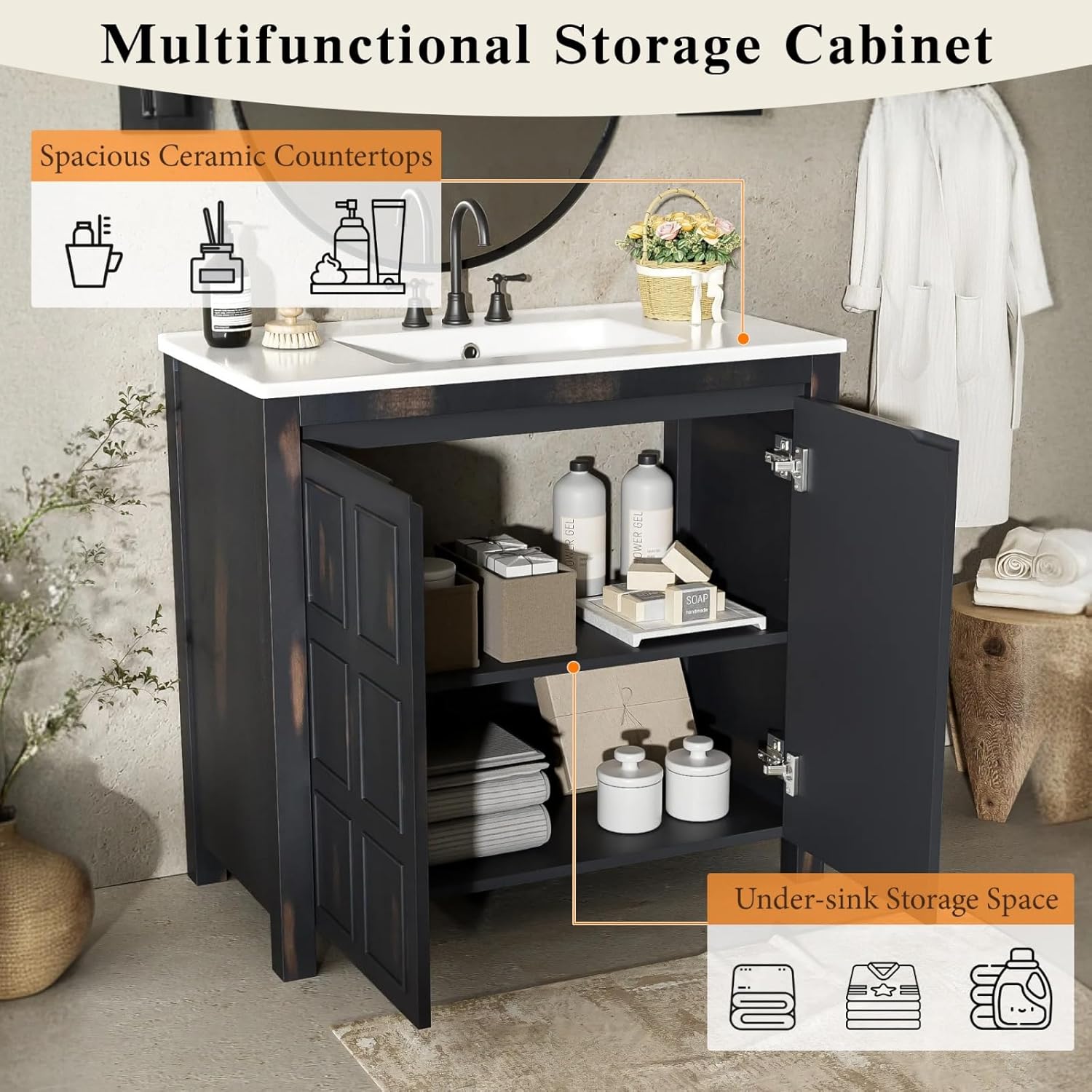36" Bathroom Vanity Organizer with Ceramic Sink, Set Bathroom Storage Cabinet, Vintage Espresso
