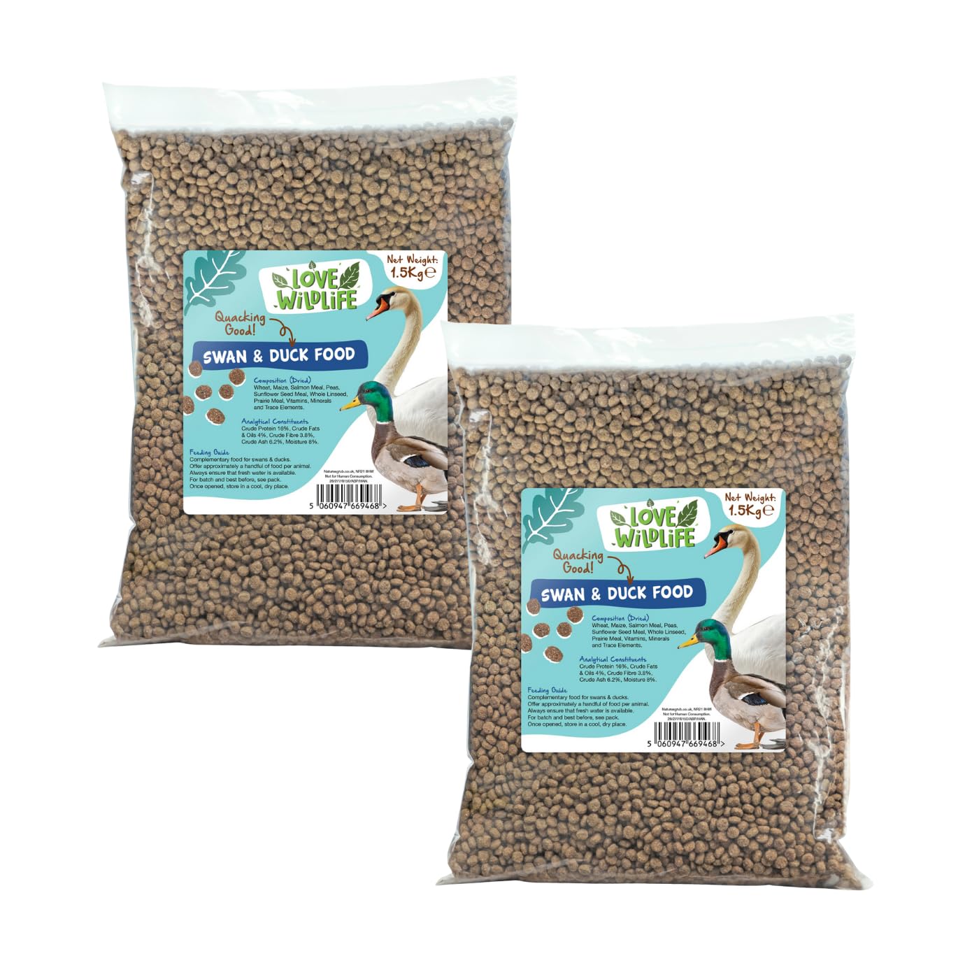 Love Wildlife Swan & Duck Food 2 x 1.5kg | Premium Complete Dry Food Pellets for Waterfowl, Natural Floating Mix, High in Protein, Vitamins & Minerals, Nutritious Alternative to Bread, Made in the UK