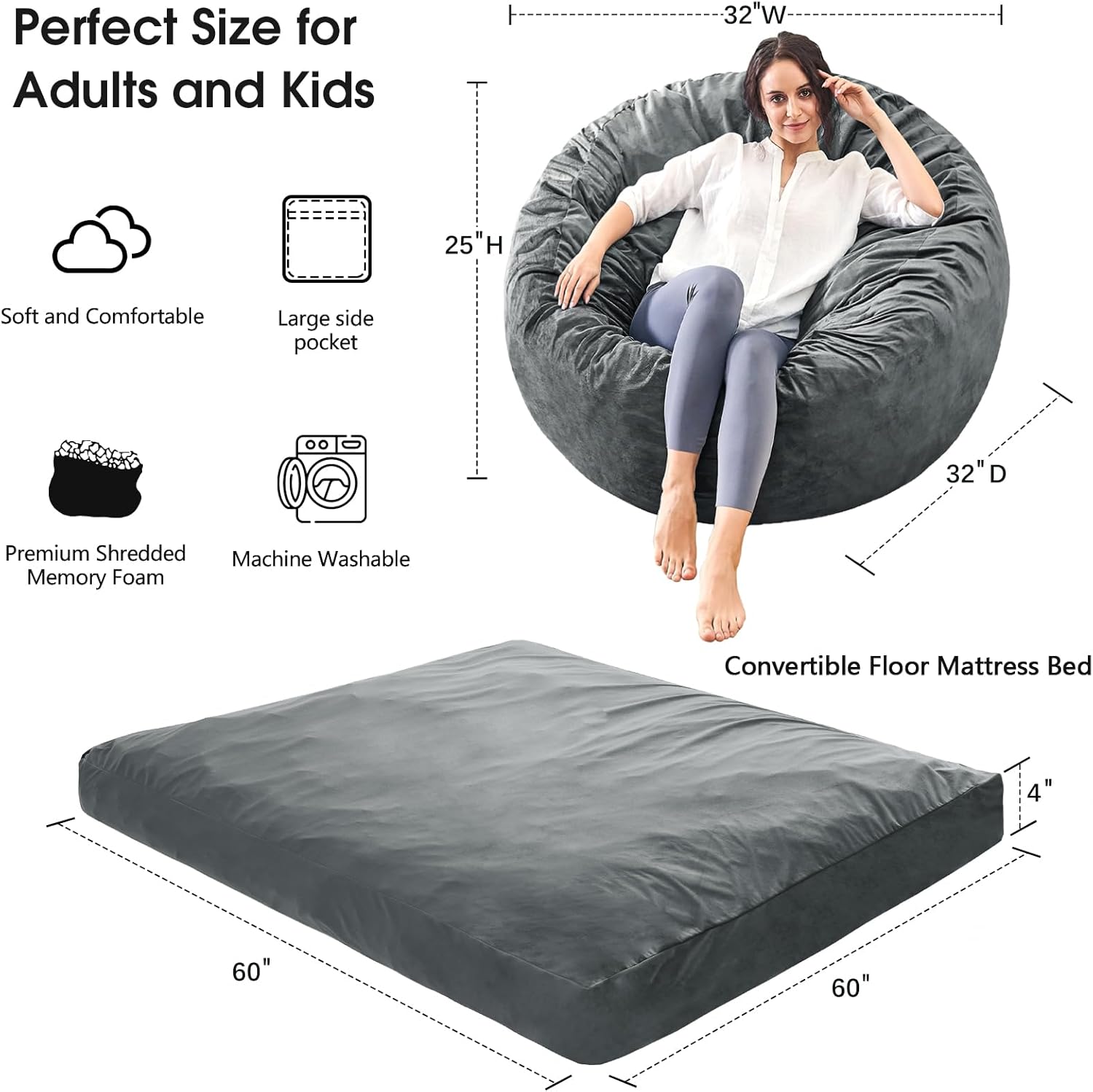 Bean Bag Chairs for Teens - Bean Bag Chair Convertible Bean Bag Bed - Small Beanbag Chair with Micro Fiber Cover/Furniture Foam Filler - Floor Couch Sofa in Bedroom Dorm Room - Youth Charcoal
