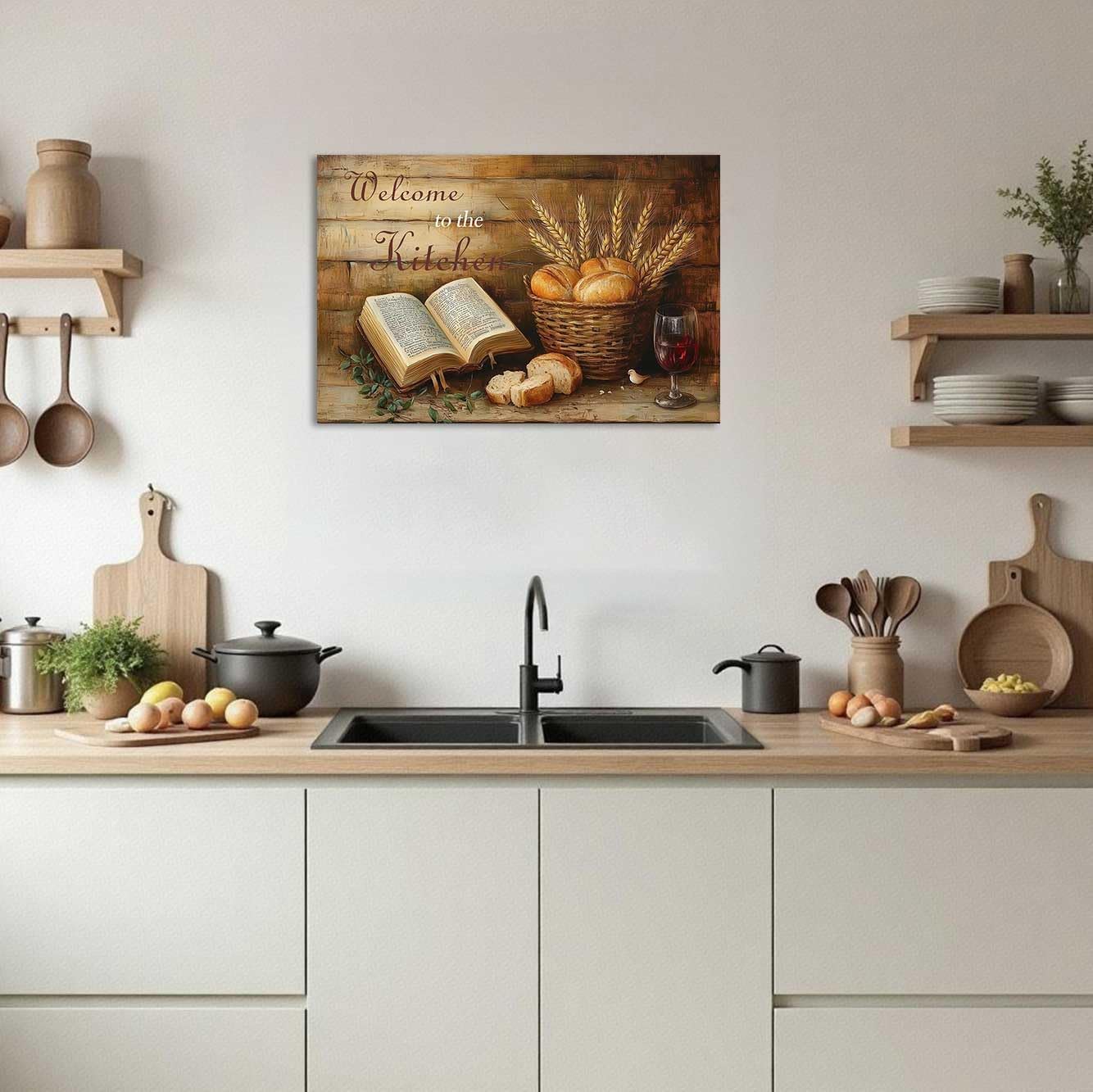 LZIMU Bread Wall Art Kitchen Pictures Rustic Christian Canvas Prints Farmhouse Brown Food Painting Holy Bible Verse Red Wine Glass Painting Vintage Dining Room Decor (18L x 12W)