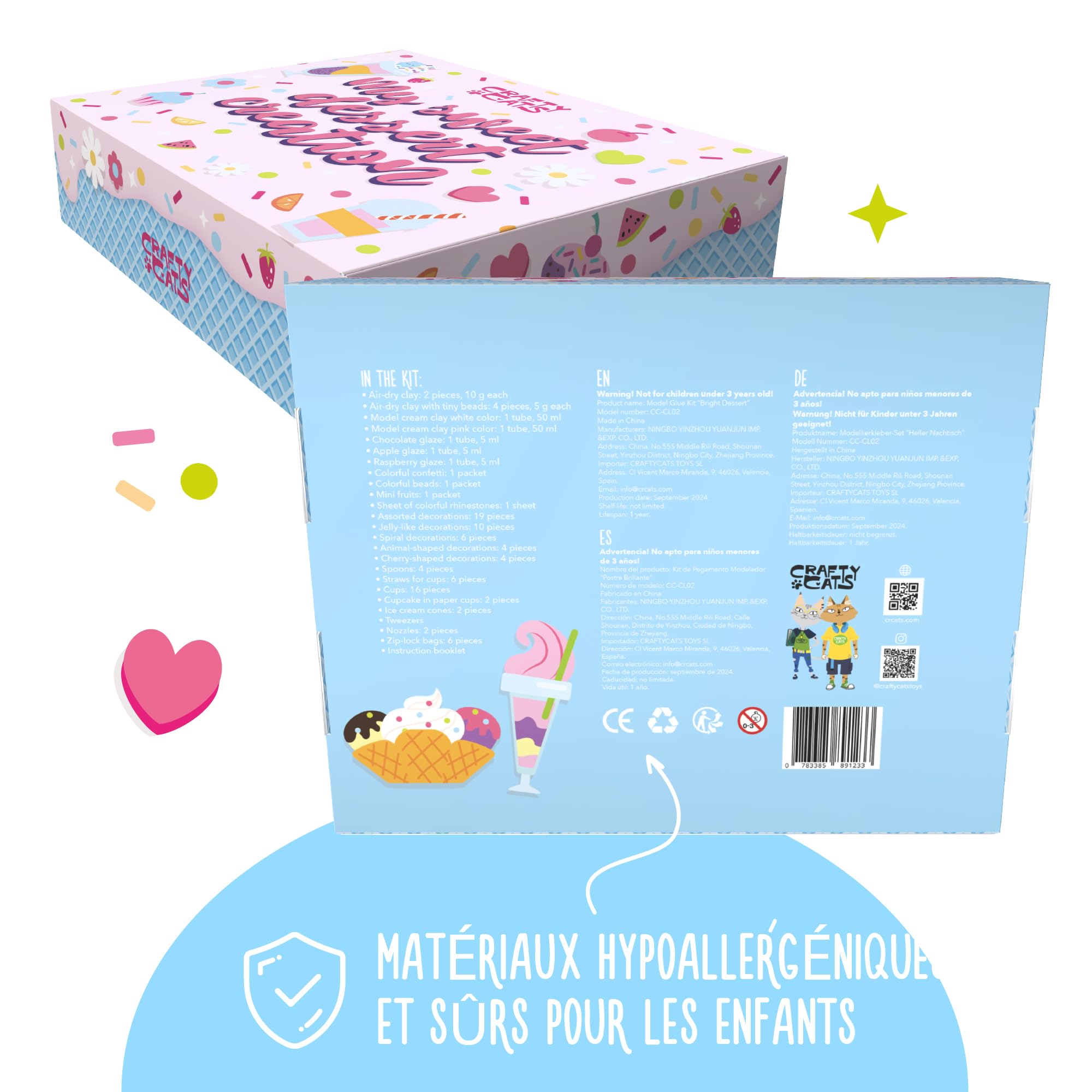 CRAFTY CATS Kit de loisirs créatifs Fête des Desserts – 115 pièces, argile à séchage à l’air, perles, colle crème avec embouts, set créatif DIY pour anniversaires et cadeaux, enfants 6+