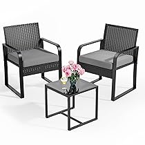 Bealife Salottino da Esterno in Rattan, Set Giardino 3 Pezzi con 2 Poltrone Imbottite + Tavolino con Piano in Vetro, Mobili per Balcone e Terrazza (grigio)