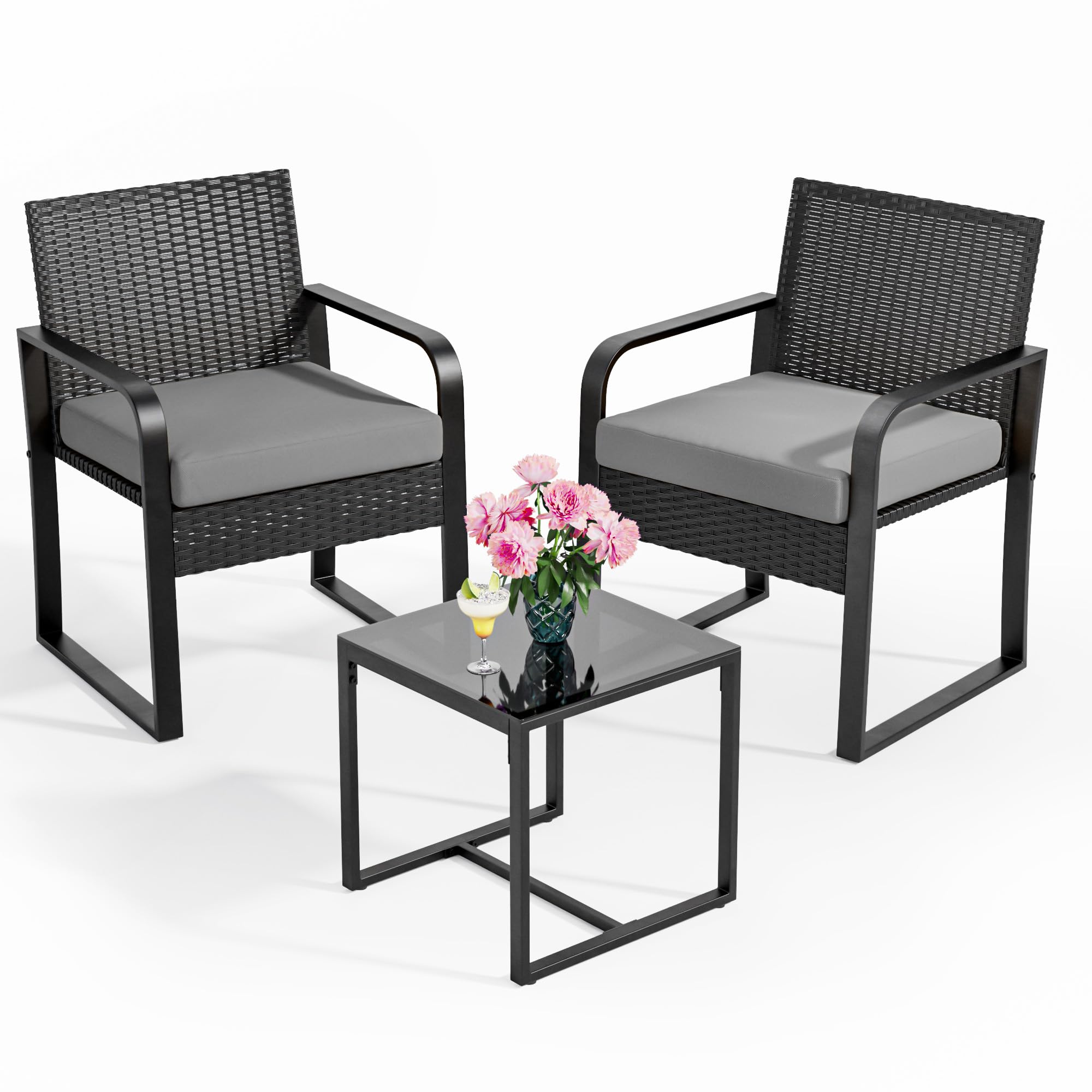 Bealife Juego de Muebles de jardín de ratán para 2 Personas, pequeño balcón al Aire Libre, Muebles de jardín para porches, Patios, terrazas, Balcones, Bordes de Piscina (Gris)