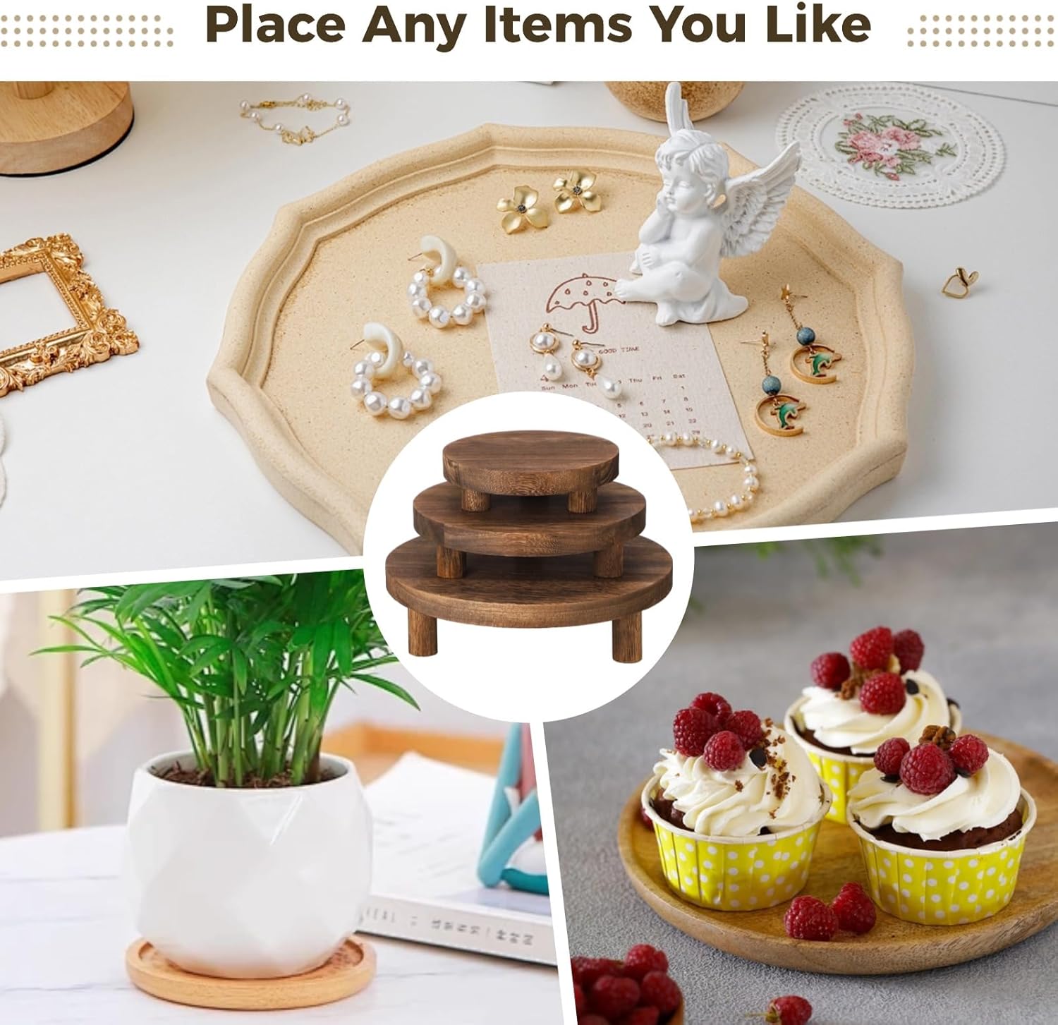 3 Pcs Wood Plant Stands, Vintage Wooden Pedestal Stands, Round Wood Display Risers, Decorative Planter Holders, Flower Pot Display Trays, 6", 8", 10", Ideal for Home Decor