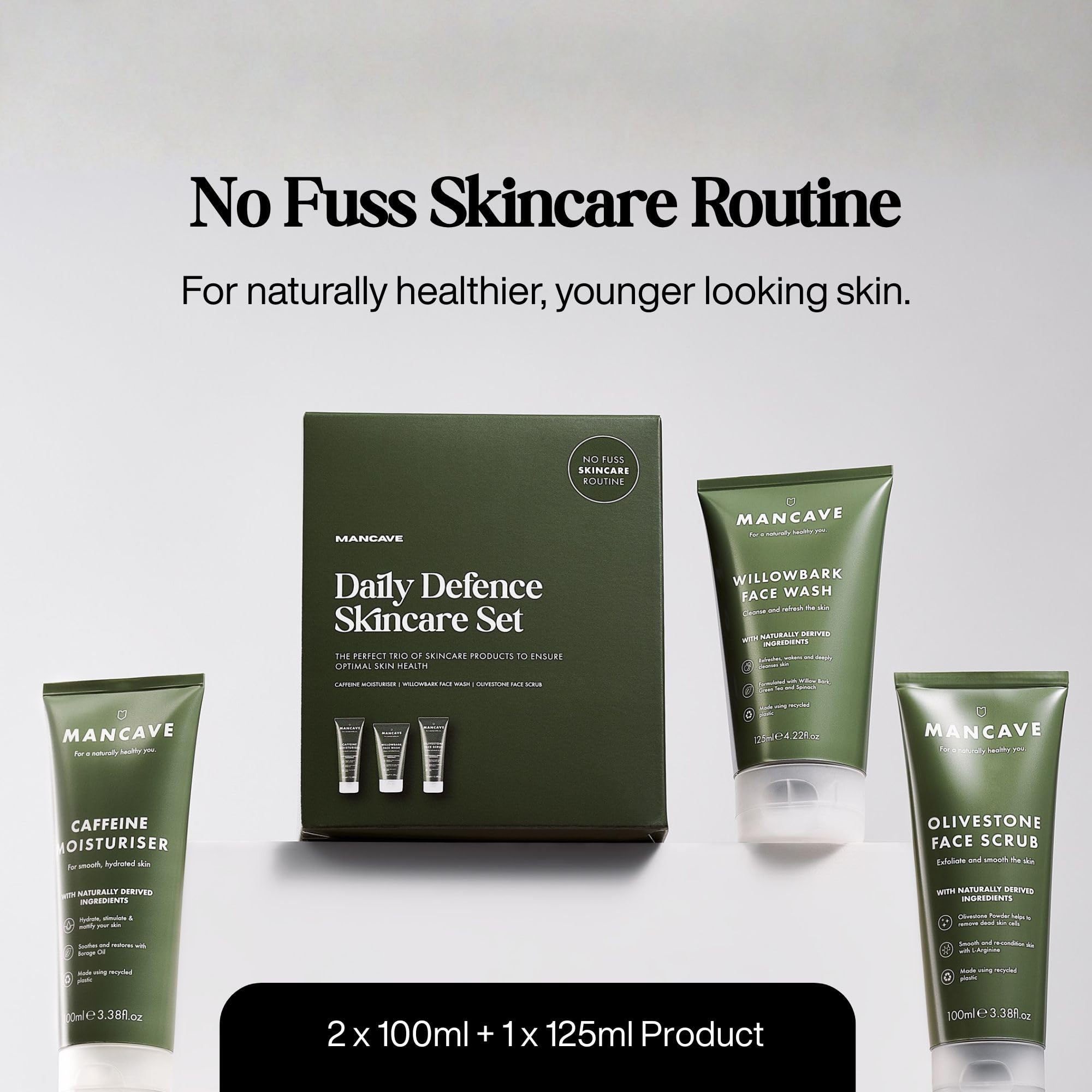 ManCave Gesichtspflege Set Herren 3-Teilig - Geschenkset Männer mit Waschgel, Peeling & Feuchtigkeitscreme - Natürliche Hautpflege Männer - Vegan - Pflegeset Geschenk