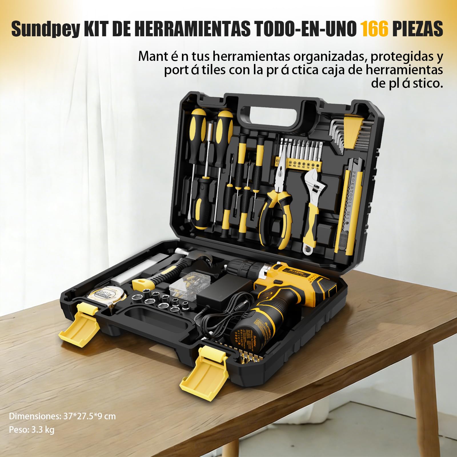 Sundpey Caja Herramientas 166 Piezas con Taladro Atornillador Inalámbrico 12V, Juego Herramientas Eléctricas y Manuales con Batería y Cargador, Estuche Portátil para Reparaciones Hogar, Bricolaje