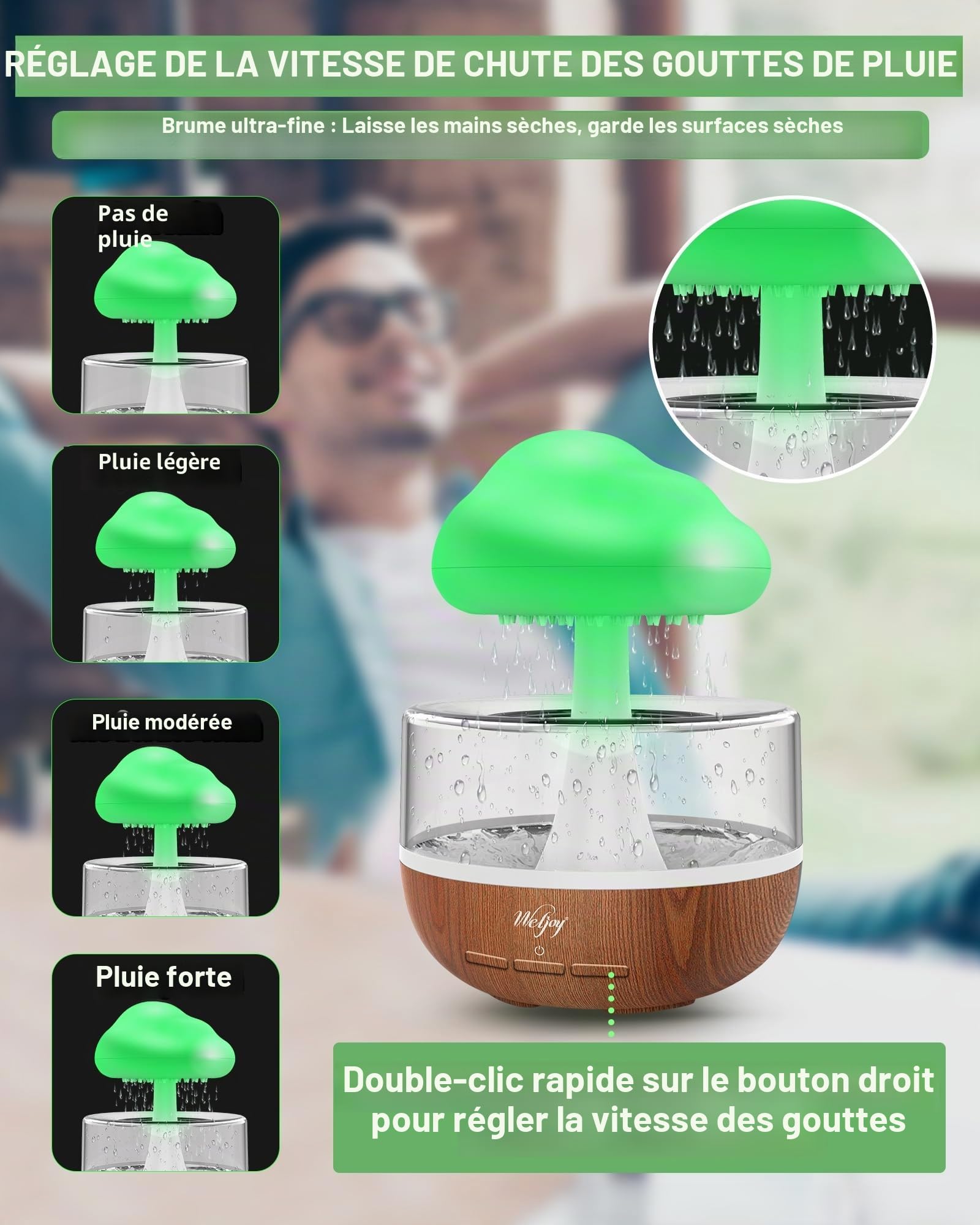 Humidificateur d'air avec Lampe Pluie, Weljoy Rain-Cloud humidificateur avec 7 lumières LED de Couleur, Diffuseur d'huiles essentielles pour Maison, Bureau, Chambre, la Relaxation, Dormir
