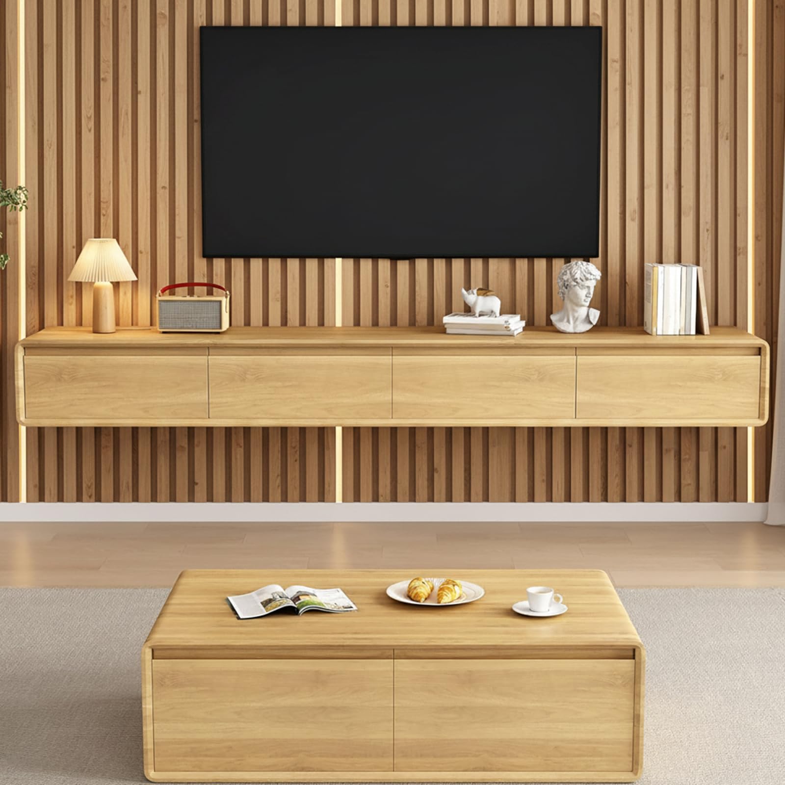 zaqiming Mueble de TV Suspendido con 2 Puerta 2 cajón, 160-240CM Madera Maciza muebele TV para TV para Salón, Dormitorio (Wood Color, 160X24X20CM)