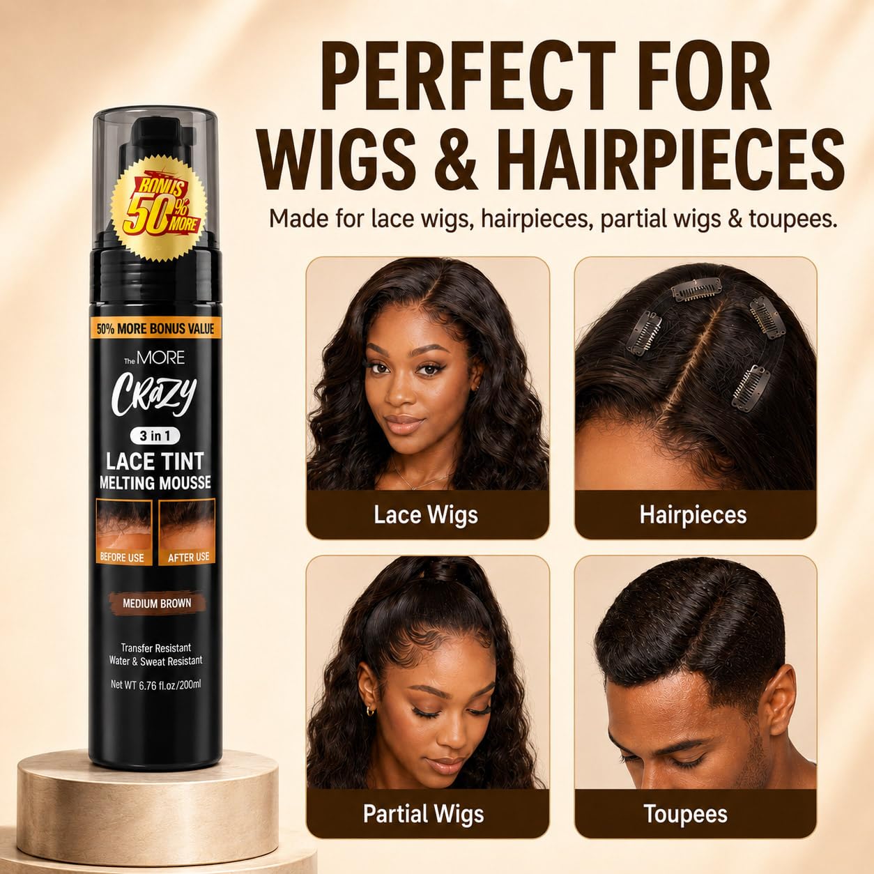 The MORE 3 in 1 Lace Tint Mousse, 6.76 Fl Oz, Medium Brown | Concealer for Lace Wigs, Hair Wigs, Toupees and Hair Pieces, Colored Edge Tamer