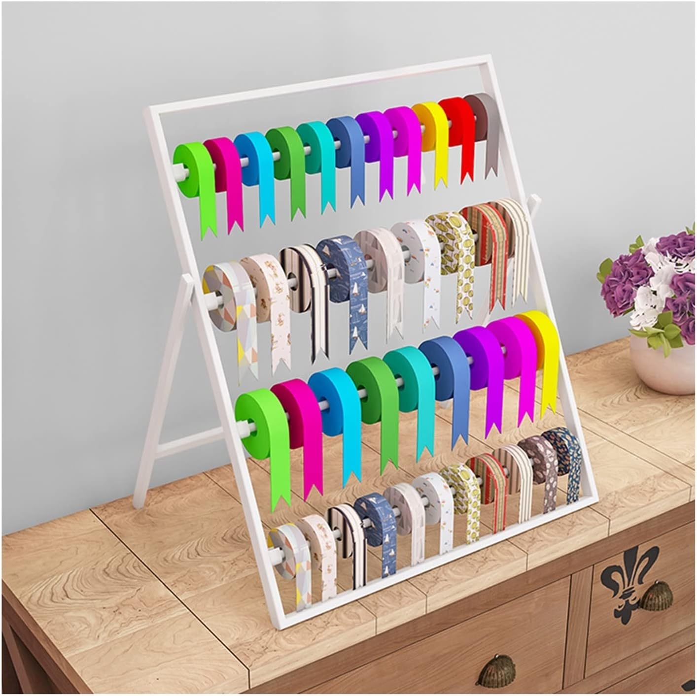 Scarf Display Rack Flower Wrapping Paper/Ribbon Display Stands, Multifunctional Silk Ribbon Pants Shawl Scarf Storage Holder, Clothing Store/Family/Cakes/Gift Shop Organizer Shelves (Black 45x35x58CM