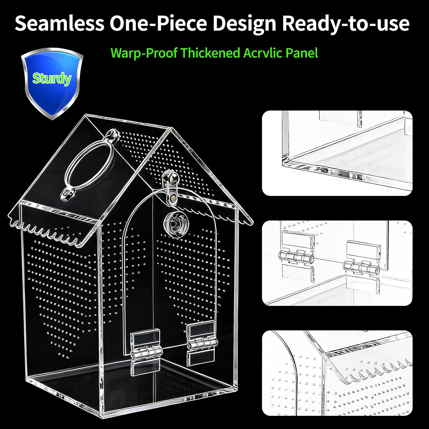 Jumping Spider Enclosure Acrylic Terrarium - 8" Tall Vertical Habitat with Lock & Ventilation, Escape-Proof Front Opening Design with Feeding Port for Spiders, Mantis, Bugs (5" L x 5" W)