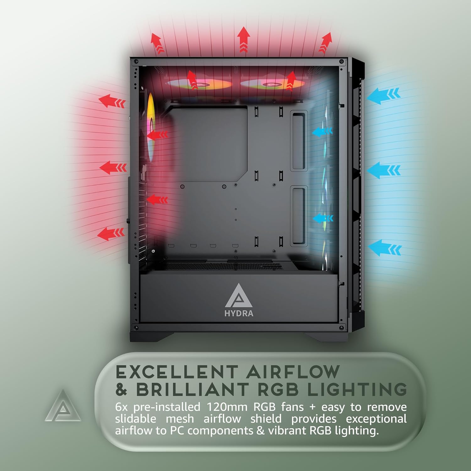 Apevia Hydra-BK Hydra Mid Tower Gaming PC Case w/ 6X 120mm ARGB Fans, 366 RGB Light Modes, High Performance Breathable Airflow Mesh Front Panel, Tempered Glass Side Panel, 1X USB3.0, 2X USB2.0, Black