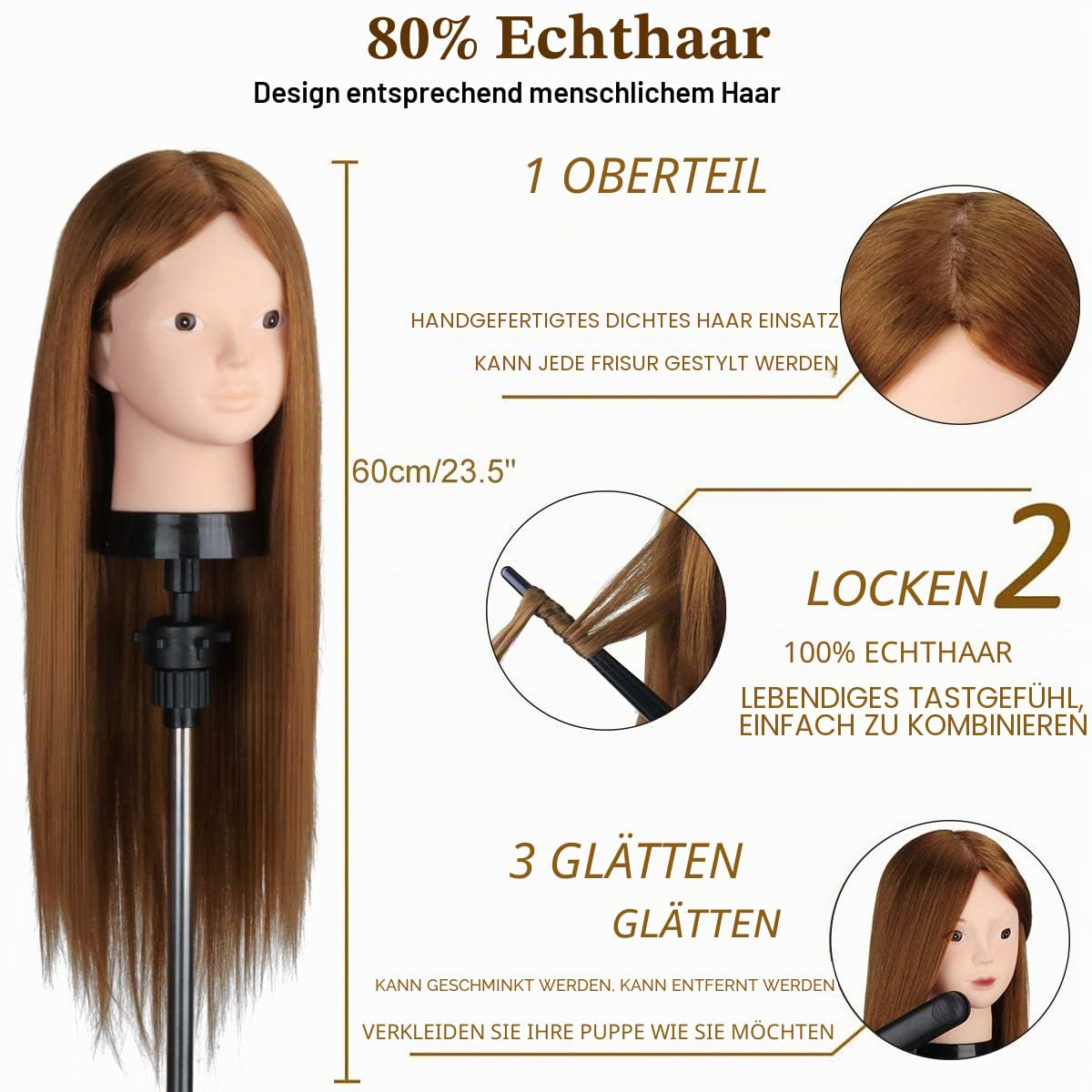 Frisurenkopf,Frisierkopf Echthaar 80%,60cm/23.5 Zoll Echthaar Haar Frisierkopf Schminkpuppe Kopf, Bilden Make-up Friseur Übungskopf Praxis Schaufensterpuppe Kopf mit DIY Haare Frisuren Set