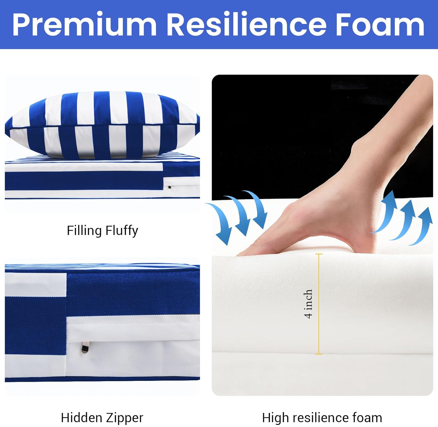 THMINS Blue Stripe Outdoor Patio Cushion Set of 2, 24x24 Inch Deep Seat and Back Cushions, Waterproof & Fade-Resistant, Removable Covers, Blue Stripes